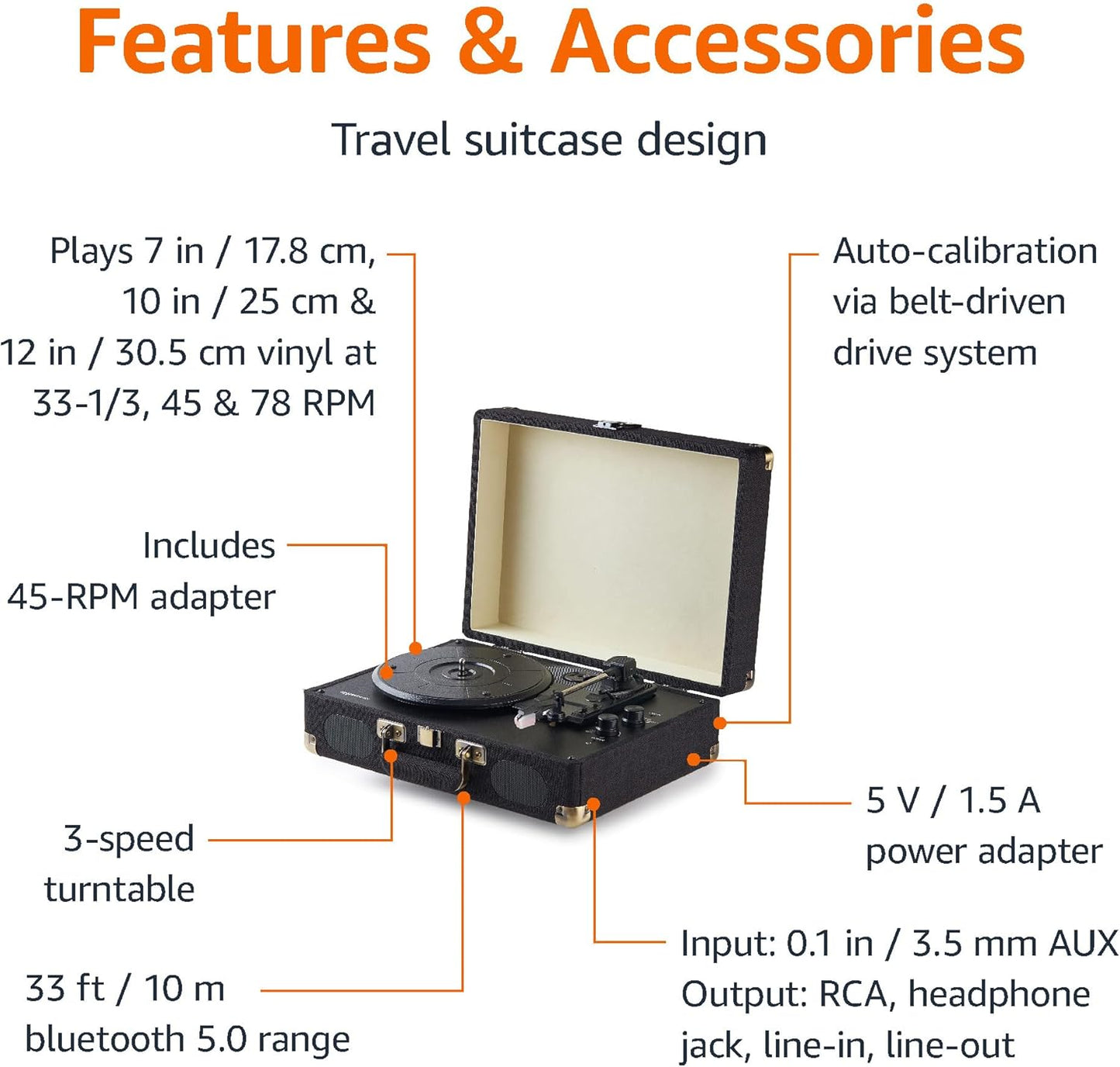 Amazon Basics Portable Suitcase Vinyl Turntable Record Player with Built-in Speakers and Bluetooth, Supports 3-Speed, Black