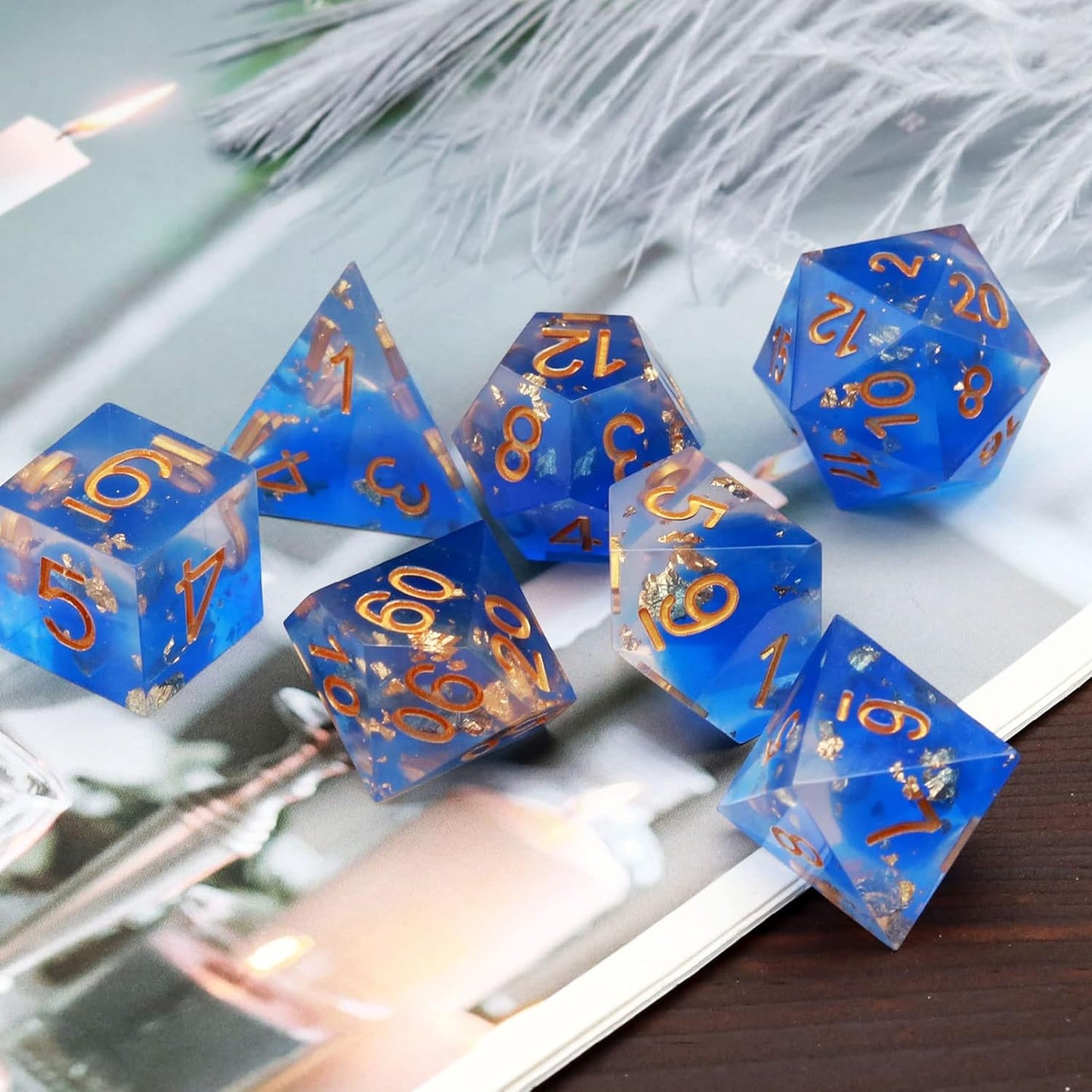 Haxtec Blue DND Dice Set Sharp Edge Resin Dice Gold Flakes with Dice Case D&D Dice for RPG Role Playing Games Compatible with Dungeons and Dragons Gift War Series