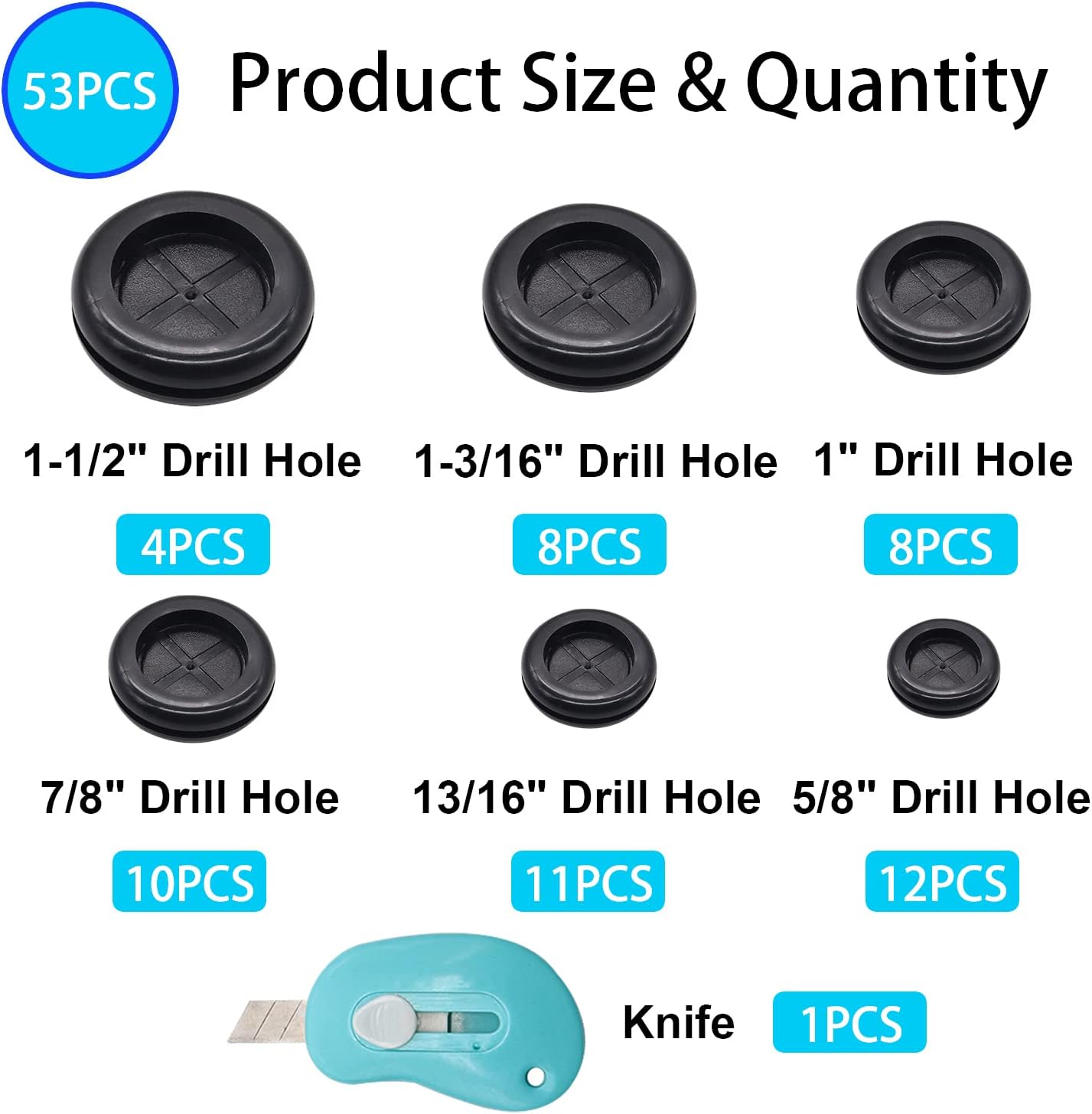53PCS Rubber Grommets for Wiring, Rubber Grommet Kit in 6 Assorted Drill Hole Sizes 5/8" 13/16" 7/8" 1" 1-3/16" 1-1/2", Two-Sided Rubber Hole Plug for Protecting Wires