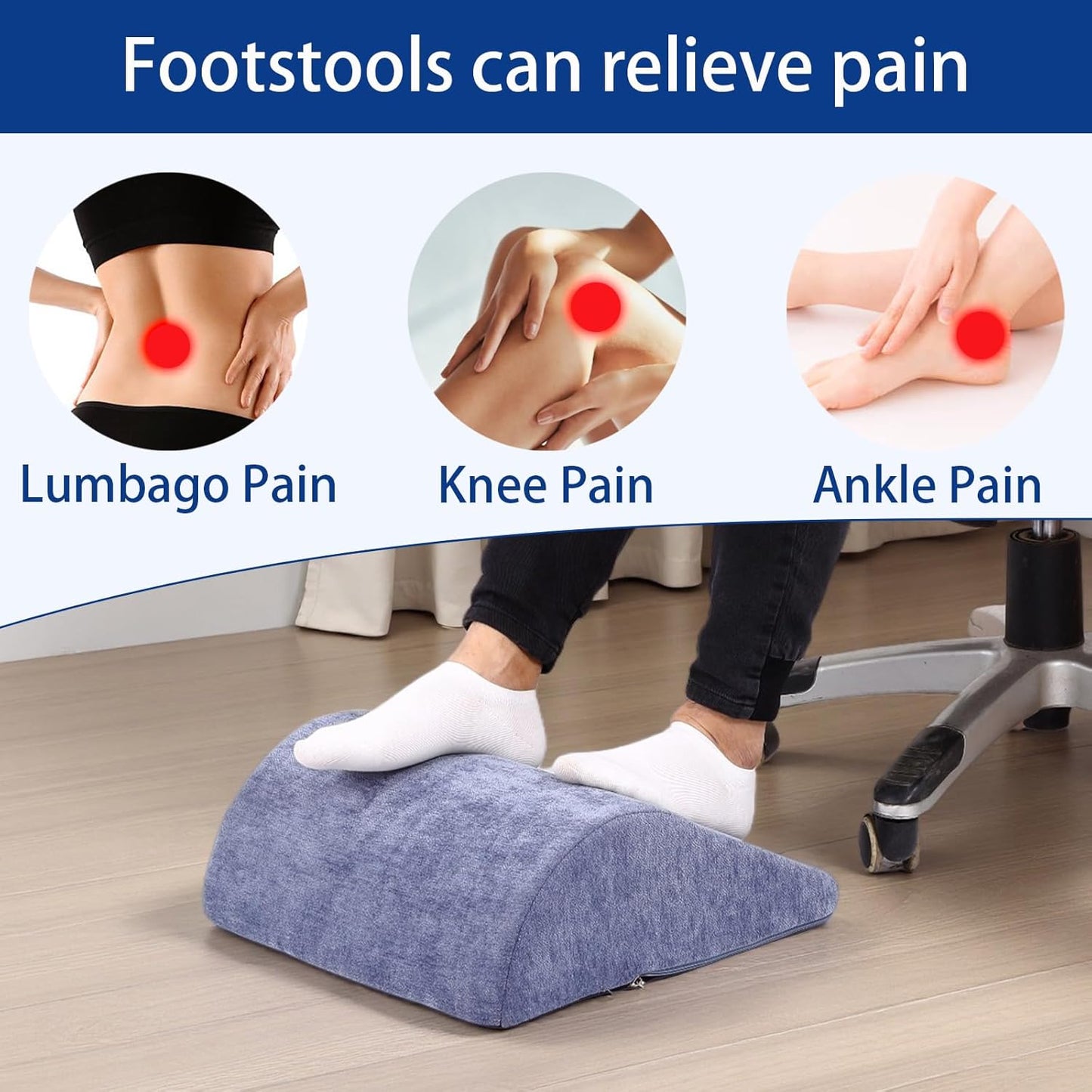 Foot Rest for Under Desk at Work Ergonomic Under Desk Footrest，Support Foot Pillow Double-Sided Footstool， for Office, Home & Gaming Leg Elevation Pillow Blue