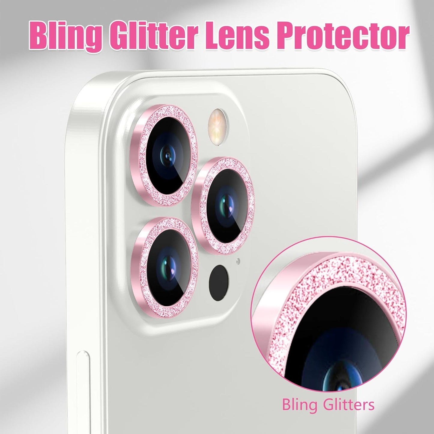 AGVEE 3+3 6 Pack for iPhone 12 Pro Max 6.7" Camera Lens Cover Protector, Bling Diamond & Bling Glitter Metal Ring 9H Tempered HD Glass Camera Cover Protector Film, Bling-Pink