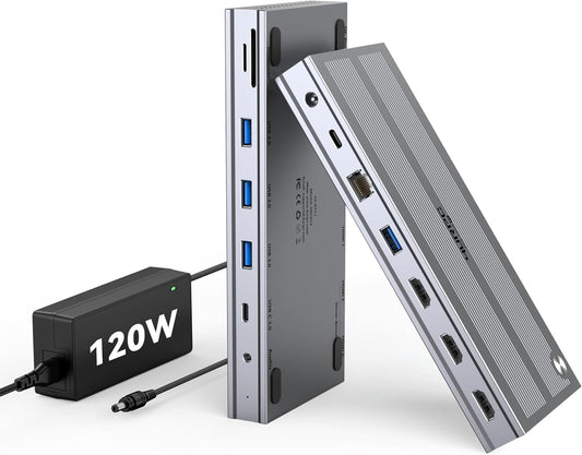 USB C Docking Station 3 Monitors with 120W Power Adapter, 4URPC Displaylink Docking Station 3 HDMI for MacBook/Mac mini M4, Windows, and Chrome with USB C(3 HDMI, 5 USB, Ethernet, SD/microSD)