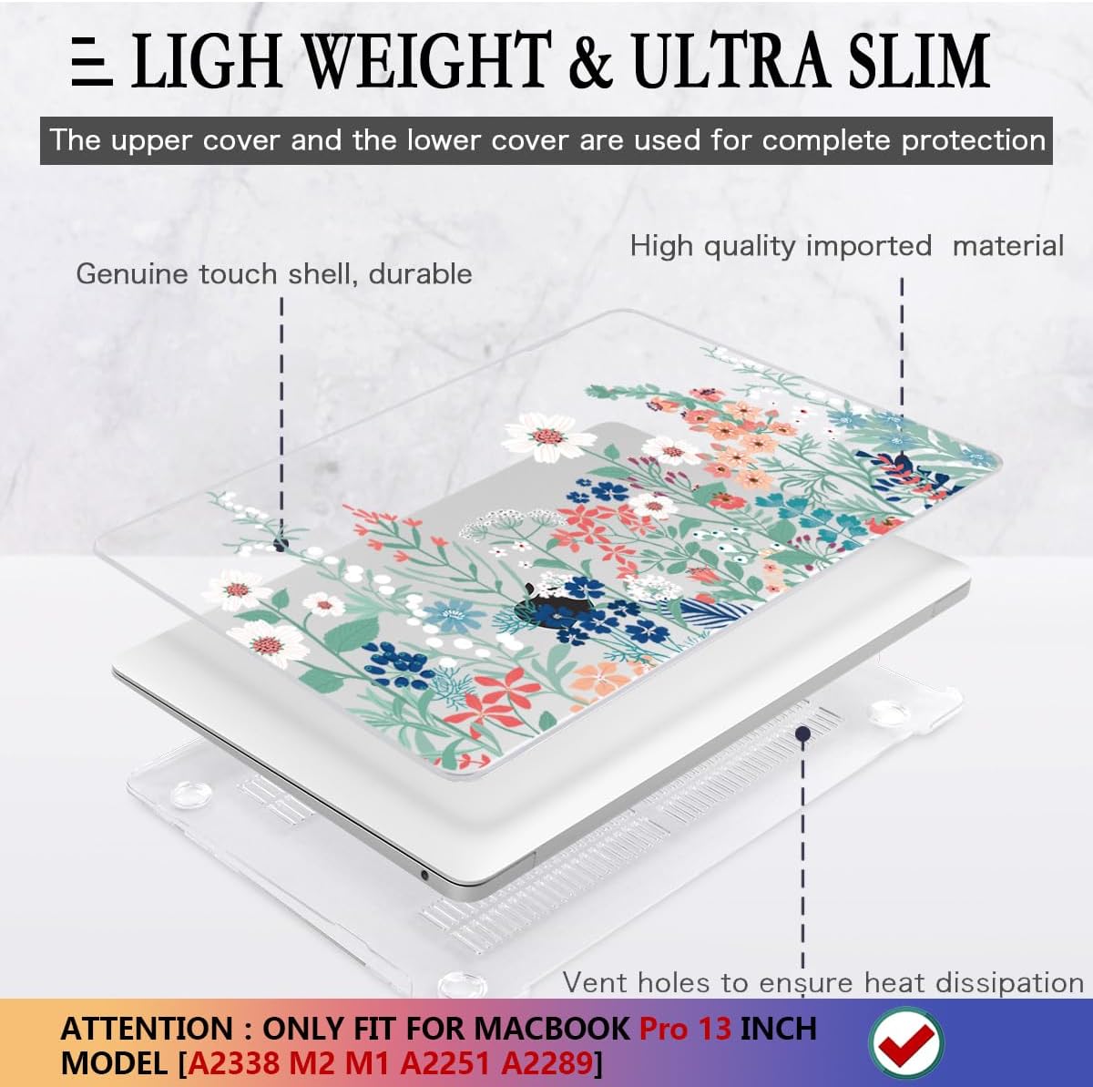 CISSOOK Compatible with MacBook Pro 13 inch Case M2 2025-2020 Model M1 M2 A2338 A2289 A2251, Protective Hard Case Floral Cover with Keyboard Cover for MacBook Pro 13 - Green Wildflowers