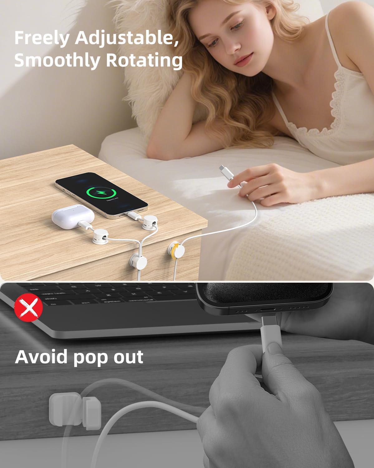 Cord Organizer, Rotatable Cable Organizer 8 Pack, No-Residue Adhesive Spring Cable Clips, Cord Holder for Nightstand, Kitchen, Office Accessories and Car (White)