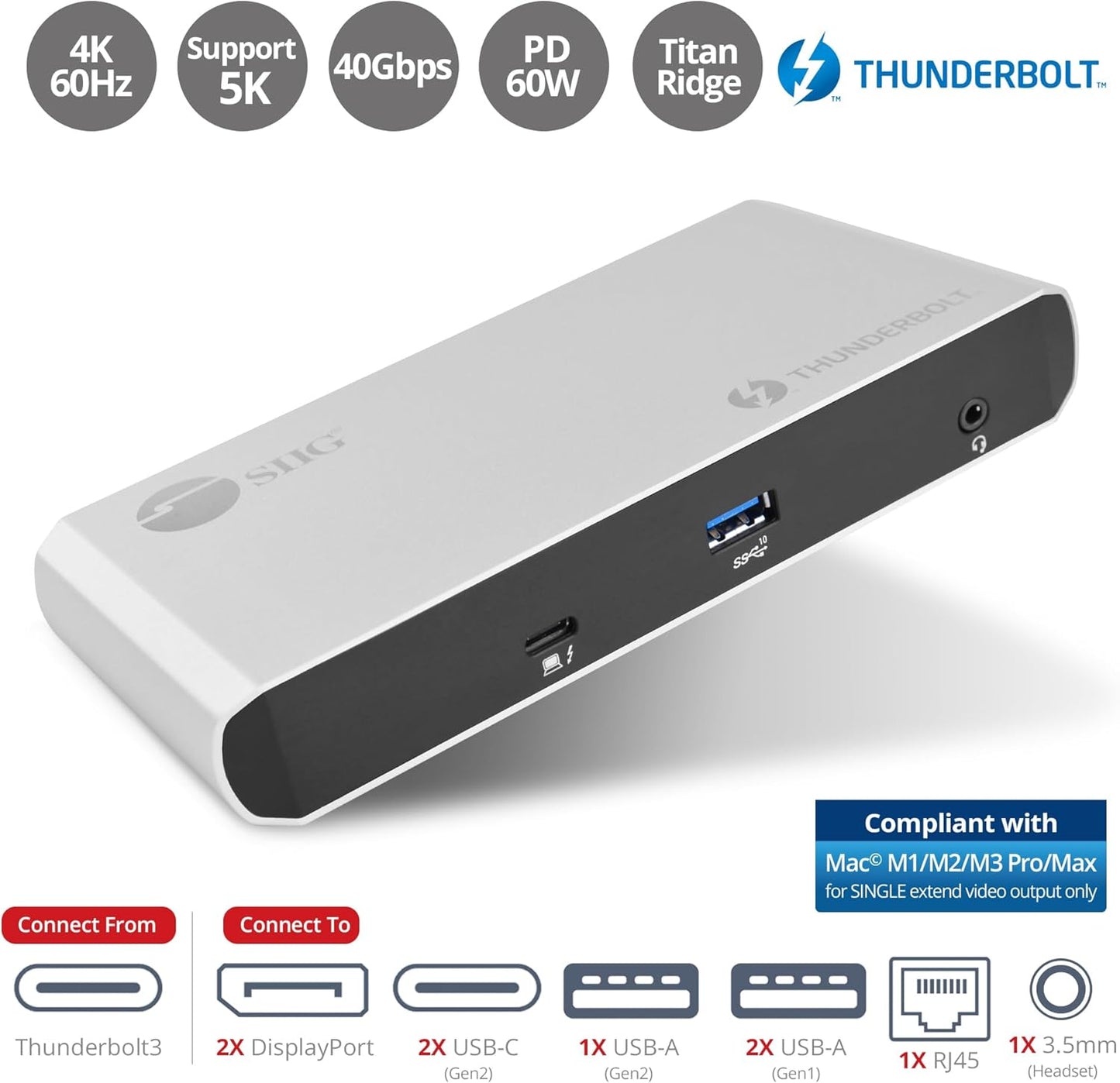 SIIG Thunderbolt 3 or USB C Dual 4K Display Docking Station with 60W PD- Titan Ridge (2X DP 1.2, 1x USB-A/2x USB-C 10Gbps, 2X USB-A 5Gbps, Ethernet) for Windows&Mac M1/M2/M3 Pro/Max (JU-DK0C11-S1)