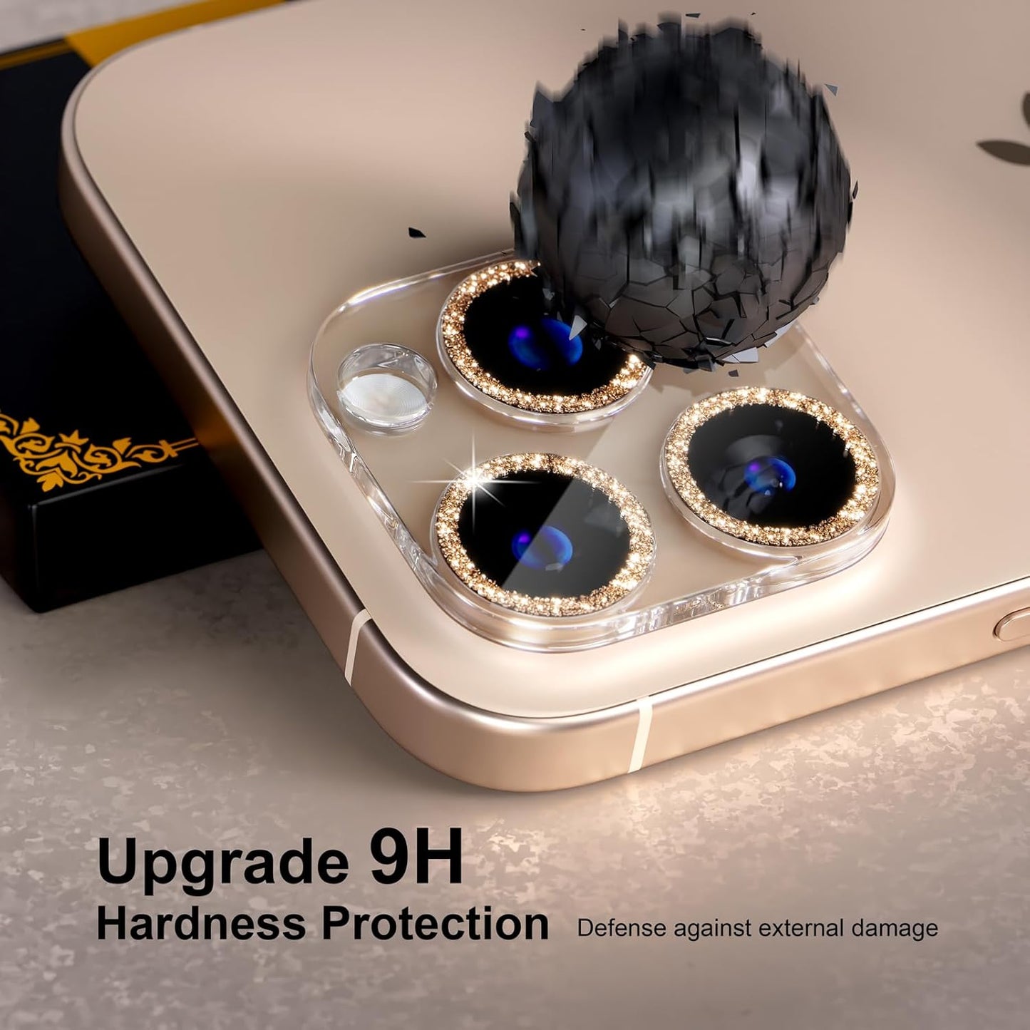 beuxece for 6 Pack iPhone 15 Pro/iPhone 15 Pro Max Camera Lens Protector [Drop Protection] [Case Friendly] [Easy Installation] 9H Tempered Glass Camera Screen Protector Cover, Glitter Gold