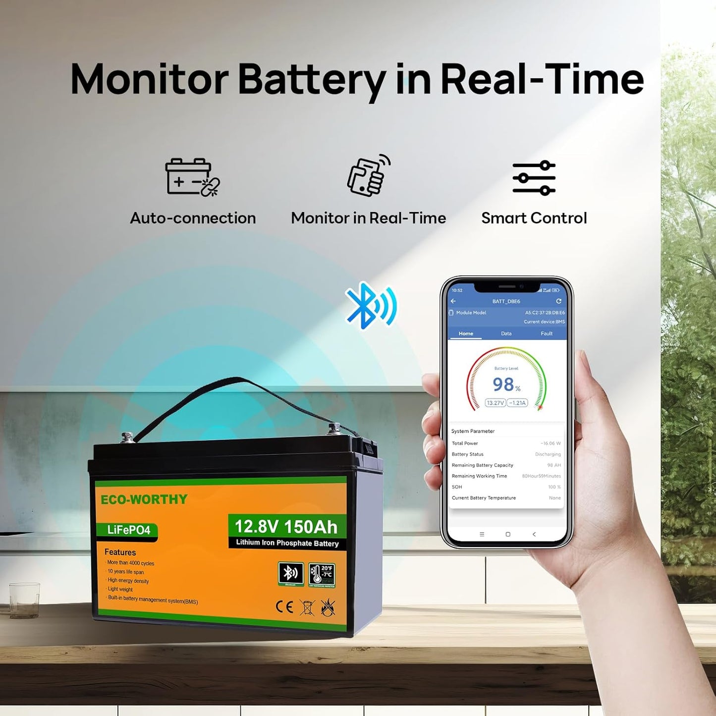 ECO-WORTHY 12V 150AH Bluetooth LiFePO4 Lithium Battery with Low Temperature Protection, Built-in 120A BMS, Perfect for Trolling Motor, Boat, RV, Camping, Home Energy Storage