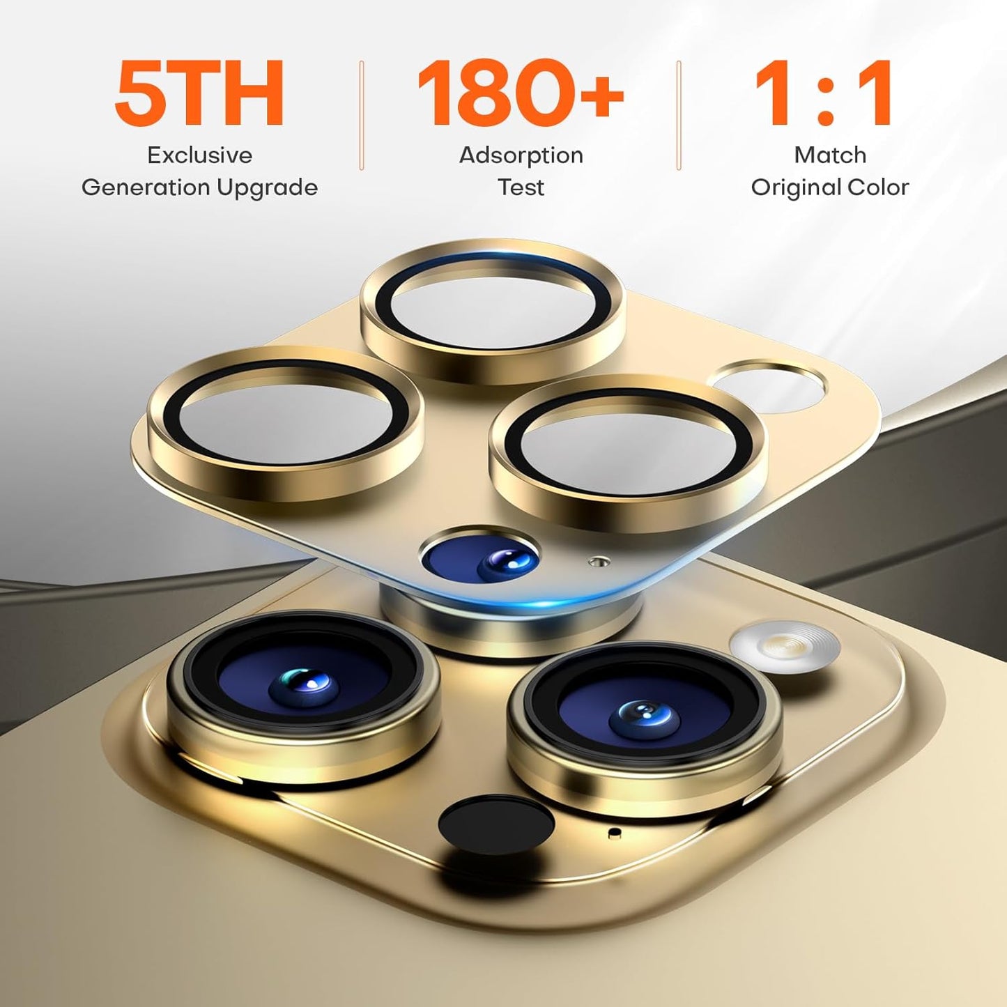 Camera Lens Protector for iPhone 16 Pro Max/16 Pro/15 Pro Max/15 Pro/14 Pro Max/14 Pro, Aluminum Alloy Sapphire Glass Camera Screen Cover, Case Friendly- Gold