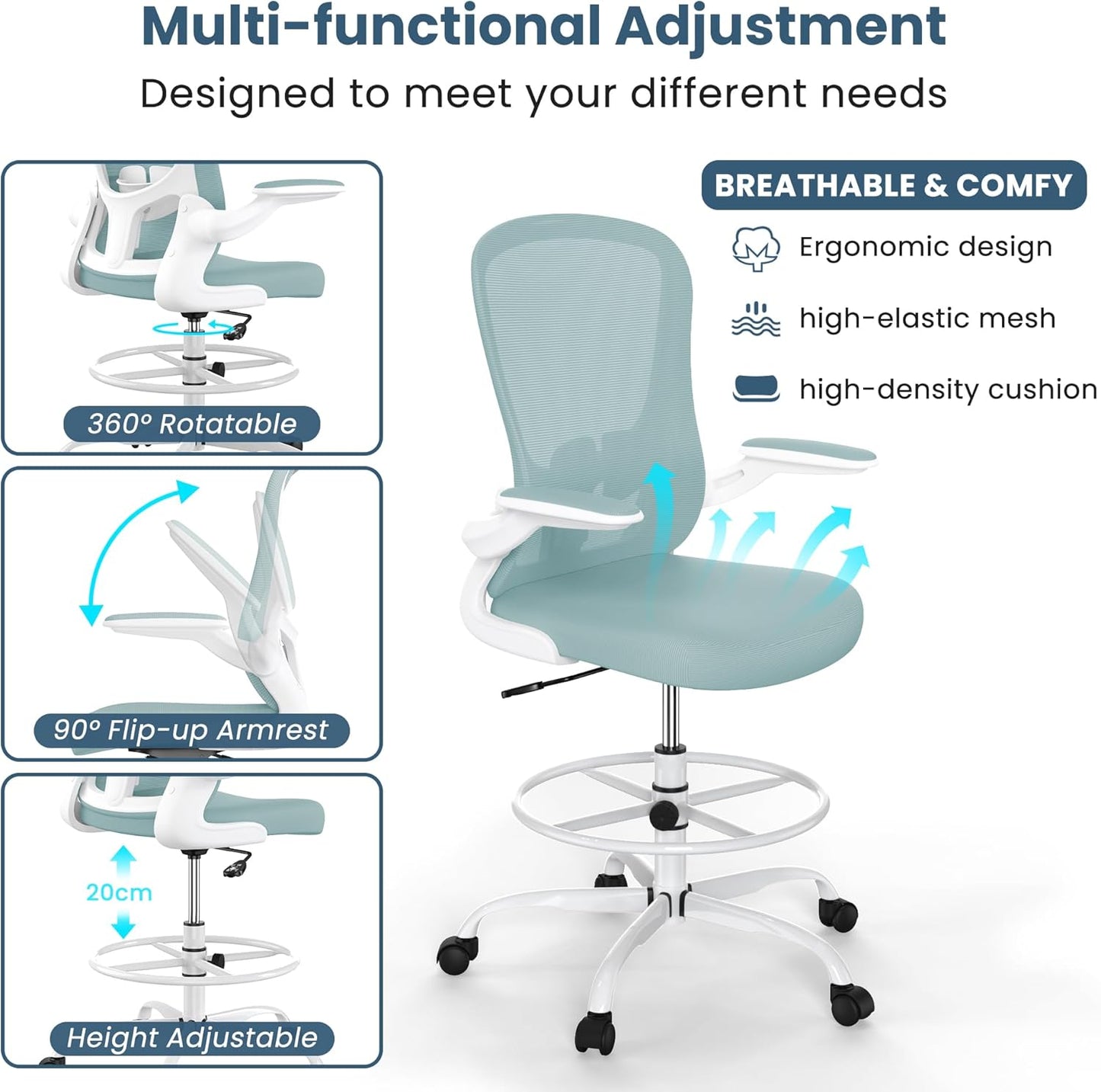 Drafting Chair, Tall Office Chair with Flip-up Armrests Executive Ergonomic Computer Standing Desk Chair, Office Drafting Chair with Lumbar Support and Adjustable Footrest Ring