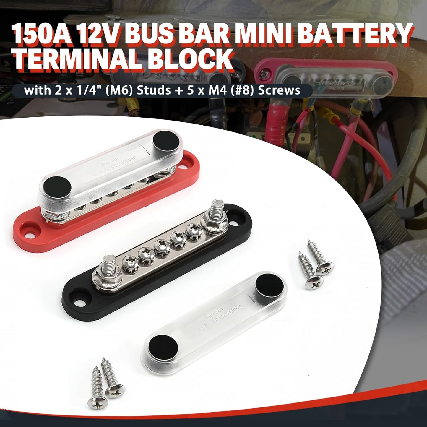 150A 12V Power Distribution Block with 2 x 1/4" (M6) Studs + 5 x M4 (#8) Screws Max 150A 48V DC 300V AC for Automotive Car Marine Truck Boat