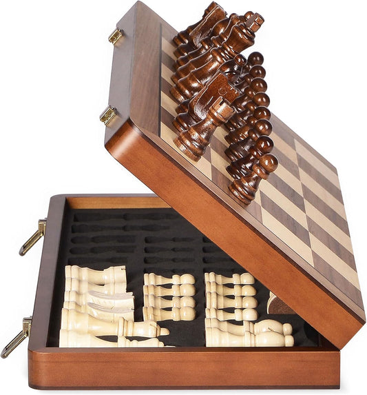 15" Wooden Chess Set with Magnetic Pieces - Extra Queens - Folding Chessboard Portable Travel Tournament Chess Board Games for Adults Kids