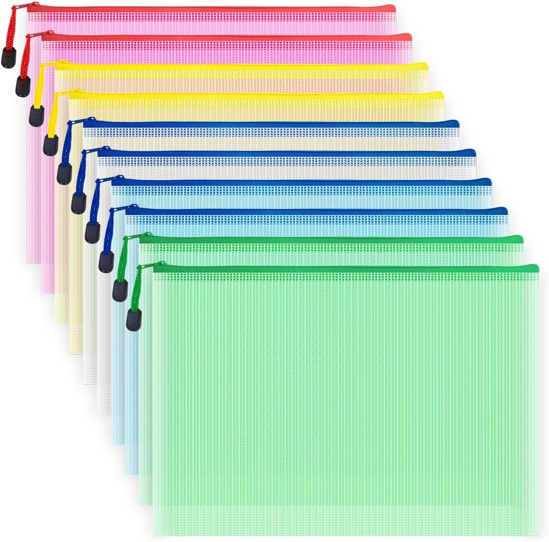 AUSTARK 10 Pcs Zipper File Bags, Waterproof Plastic Mesh Pouch for Office School, Board Game Storage Bags (A4 Size 13.4''x9.4'', Multicolored)