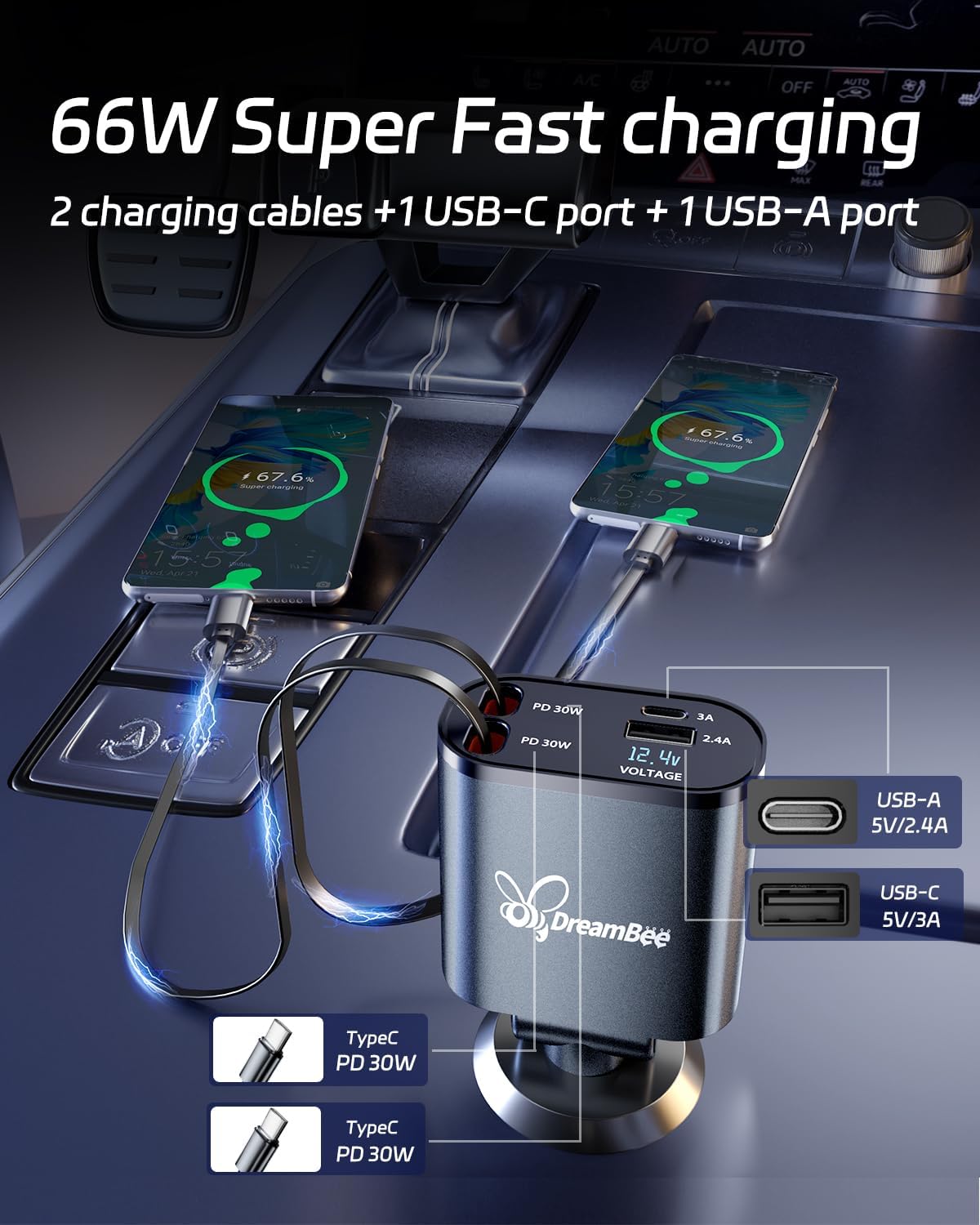 DreamBee Retractable Car Charger,66W Super Fast USB Car Phone Charger,Dual TypeC Retractable Cables Gifts for Men Women Car Truck Accessories for Samsung Galaxy S23+/S23/ S22 iPhone 15/14,iPad