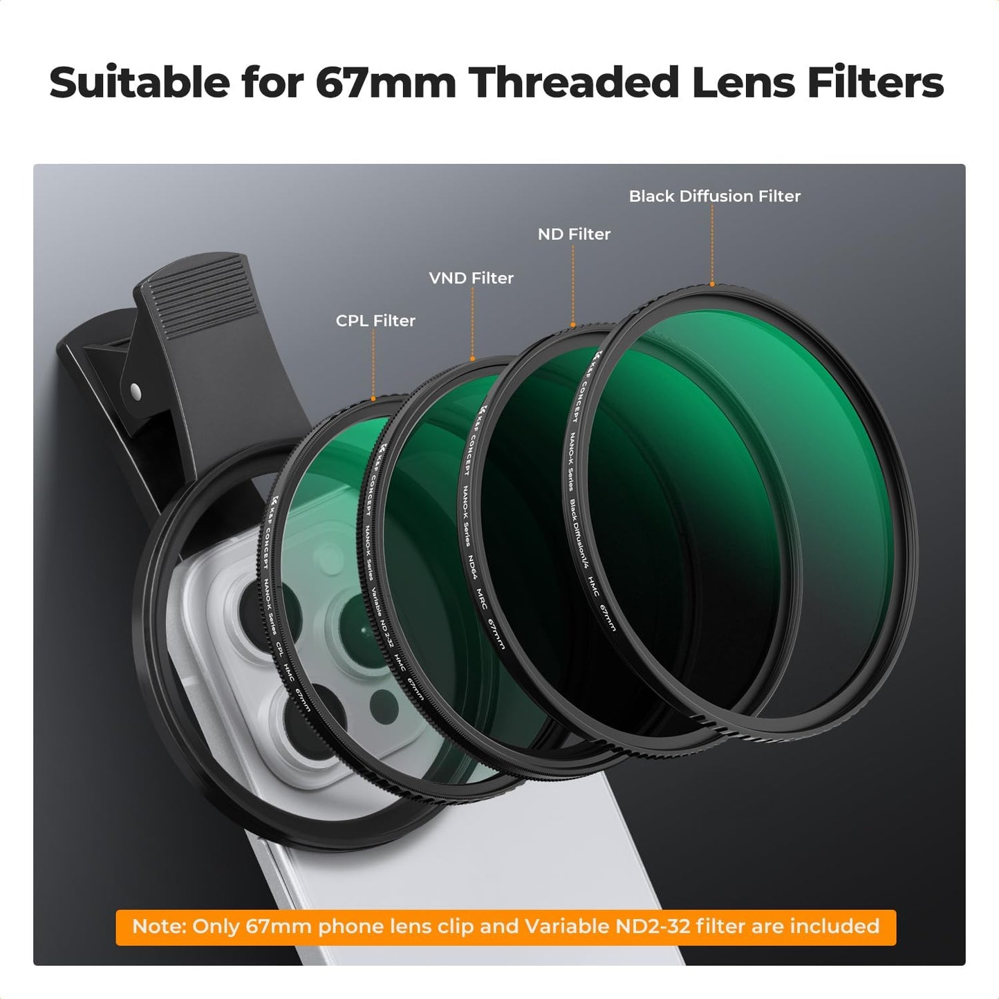 K&F Concept 67mm Clip-on ND2-32 Phone Camera Lens Filter Kit, Multi-Coated Variable Neutral Density Light Reduction Filter Compatible with iPhone 16 15 14 13 12 11 and Other Smart Phone