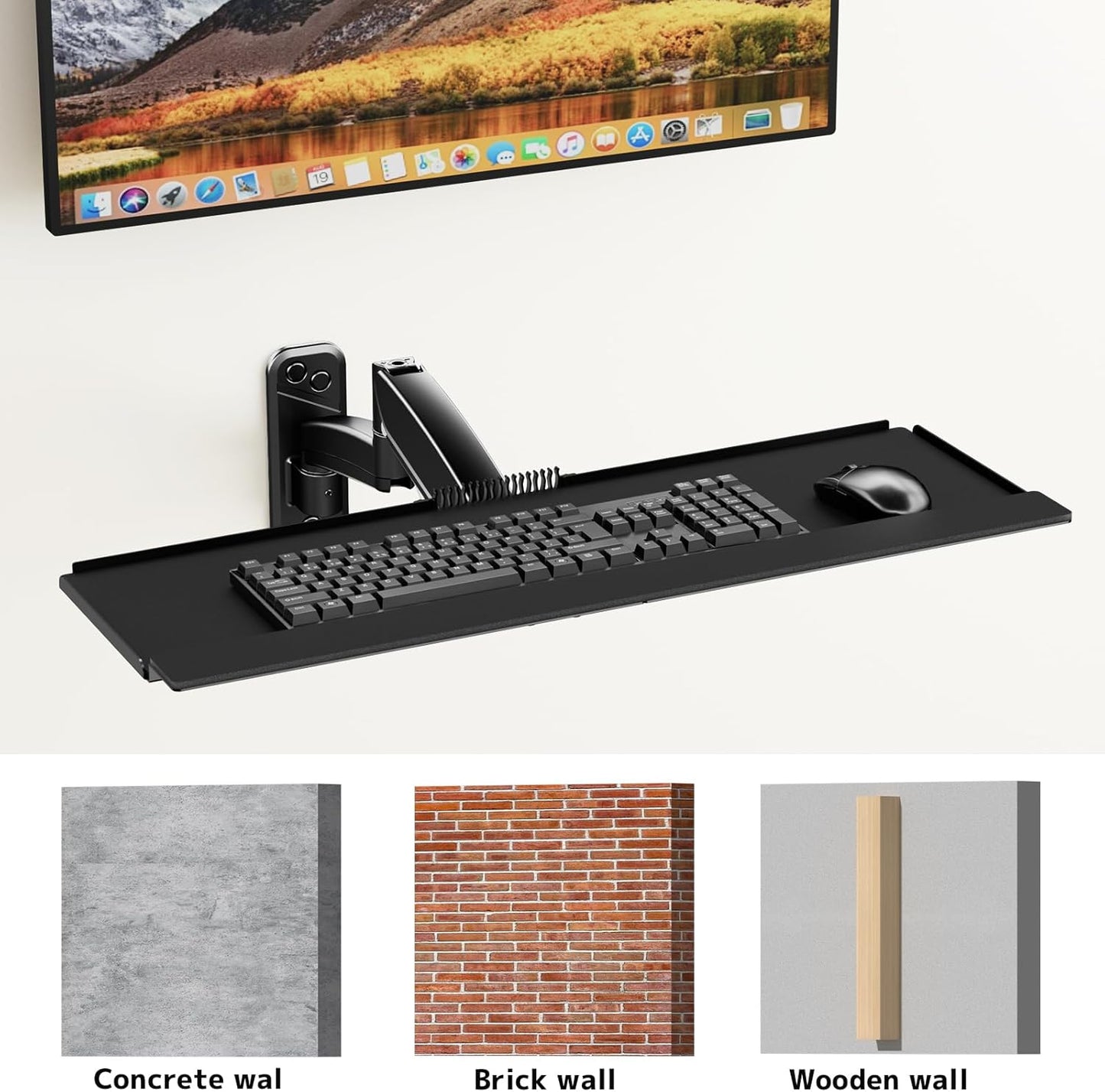 Keyboard Tray Wall Mount,Sit-Stand 26 Inch Keyboard and Mouse Stand,Height Adjustable Typing Platform,360 Degree Rotation, Holds up to 19.8 lbs, Black