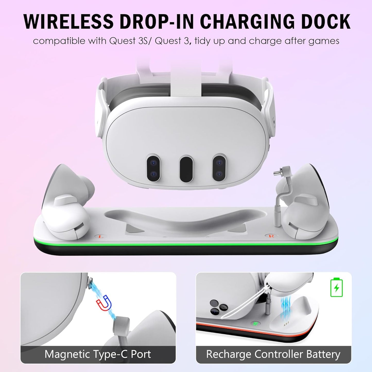 Charging Dock for Quest 3S, VR Stand for Meta Quest3, Charge Station for Oculus Quest 3S Supports Headset with Type-C Magnetic Suction Cable and Rechargeable Battery to Fit Controller