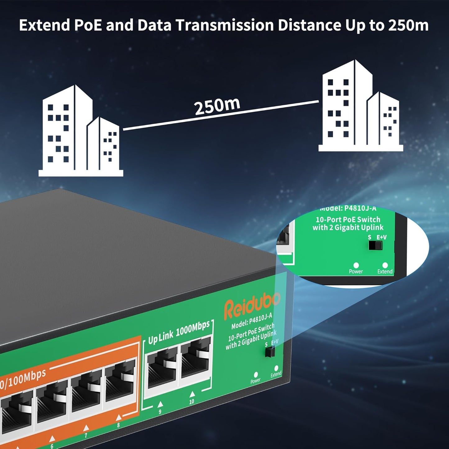 8 Port PoE Switch, 8 PoE+ 100Mbps Ethernet Port & 2 Gigabit Uplink, 120W, Support IEEE802.3af/at, Extend Function, Fanless, Unmanaged Plug and Play Network Switch