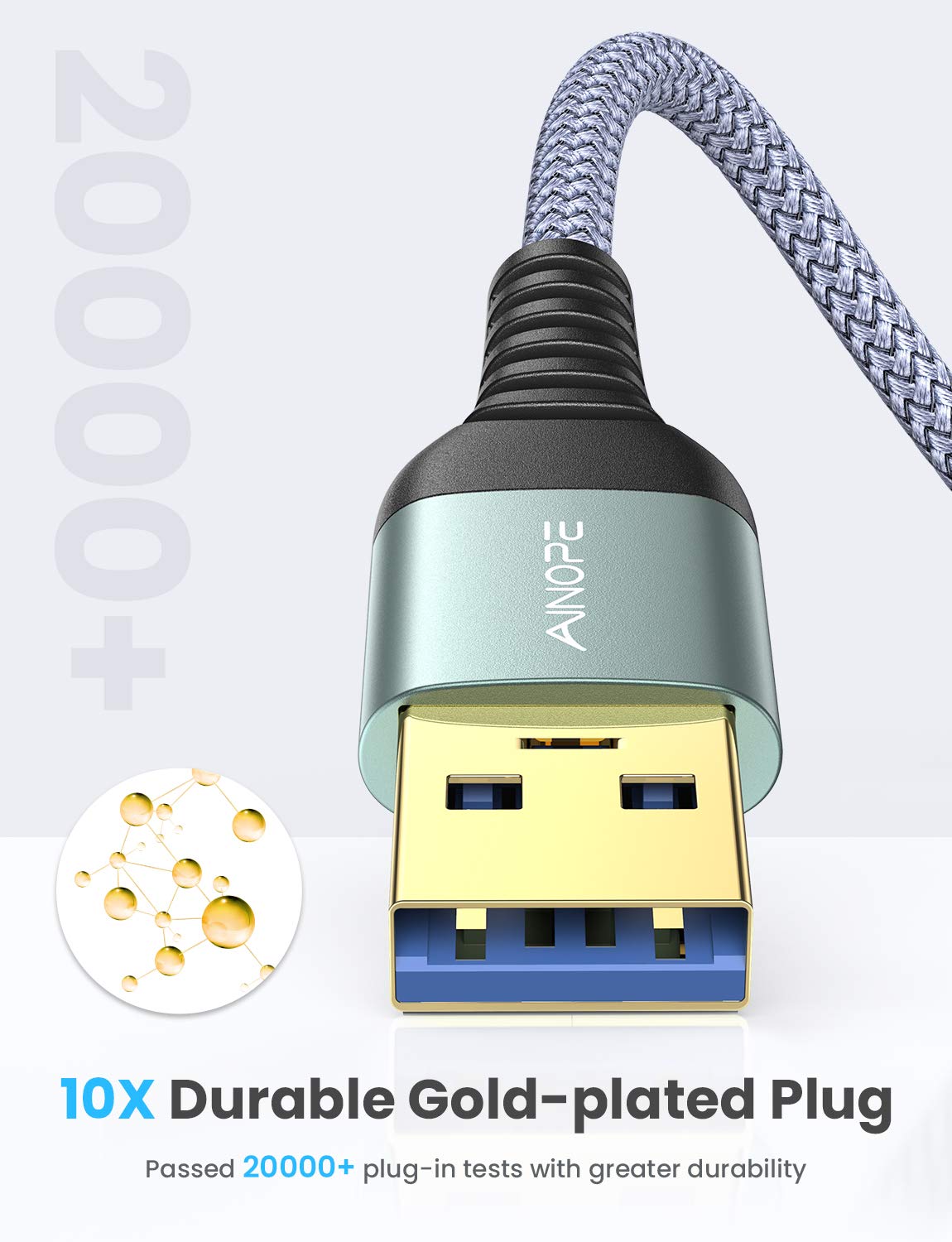 AINOPE 2 Pack USB Extensions Cable High Speed USB 3.0 Extension Cord Type A Male to Female Sturdy Braided Material Fast Data Transfer Compatible with USB Keyboard,Mouse,Flash Drive,Grey,10FT+10FT