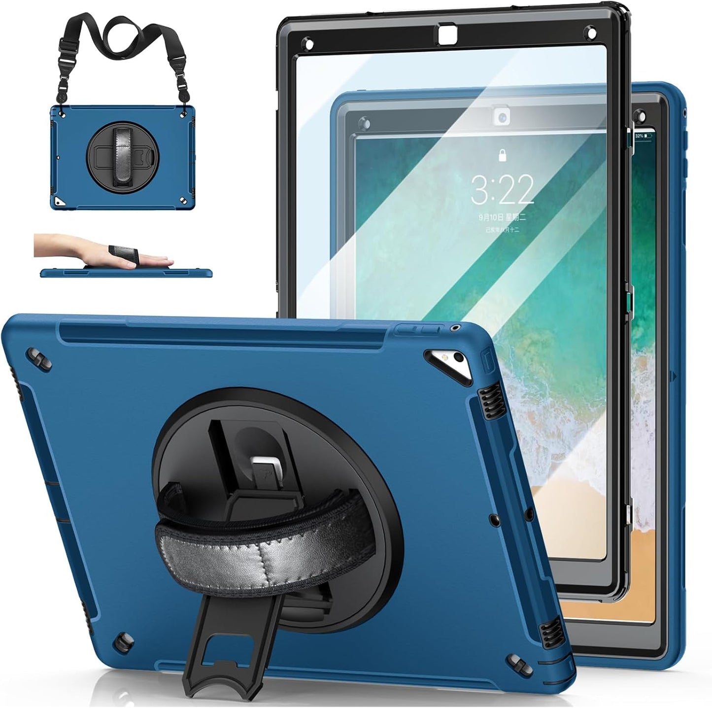 Case for iPad Pro 12.9 2nd Generation 2017& 2015 1st Generation, Heavy Duty TPU Protective Cover with Screen Protector- 360° Rotatable Stand + Handle Hand & Shoulder Strap + Pencil Holder- Blue
