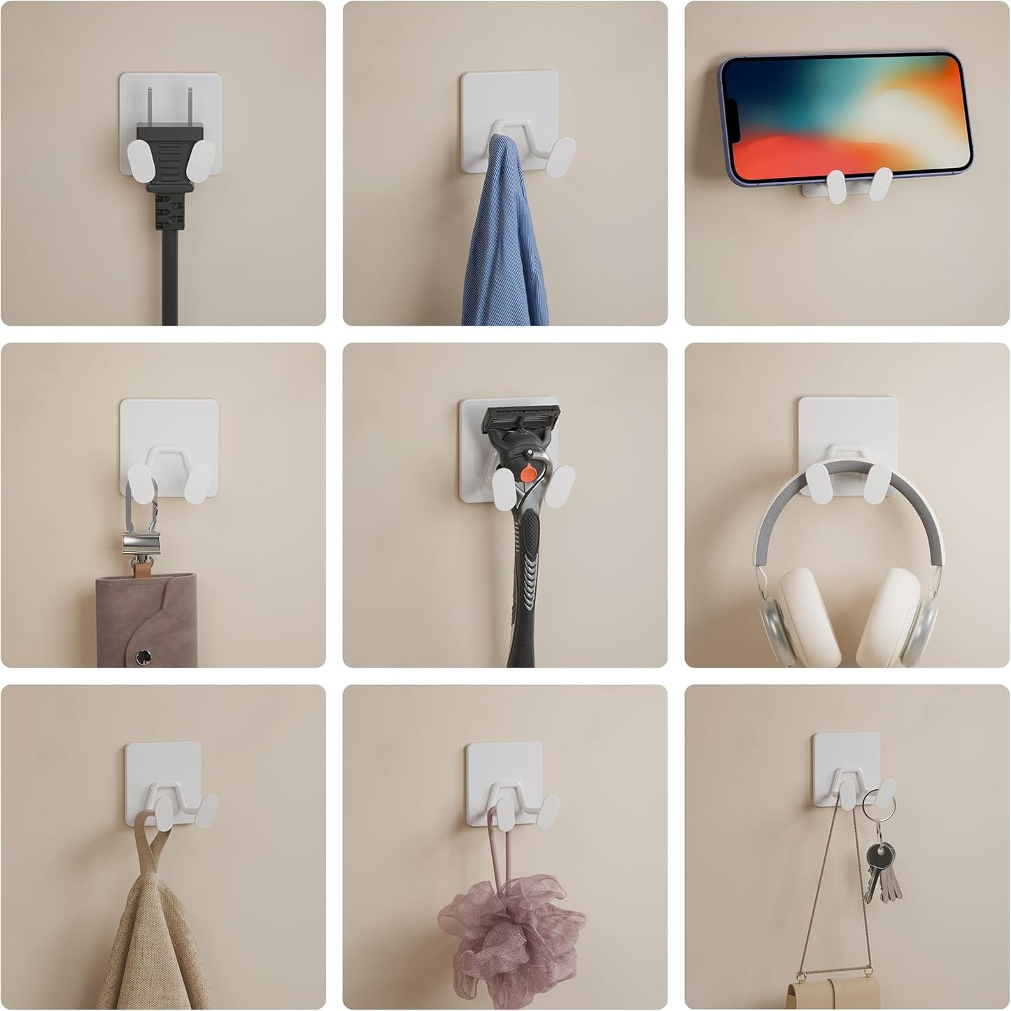 Adhesive Shower Hooks for Inside - Extra Sticky Stainless, Razor Holder Shower Accessories, Wall Mounted Self-Adhesive Double Hooks for Razor, Loofah, Towel, Shaver, Coat, Key, White, 4 Pack