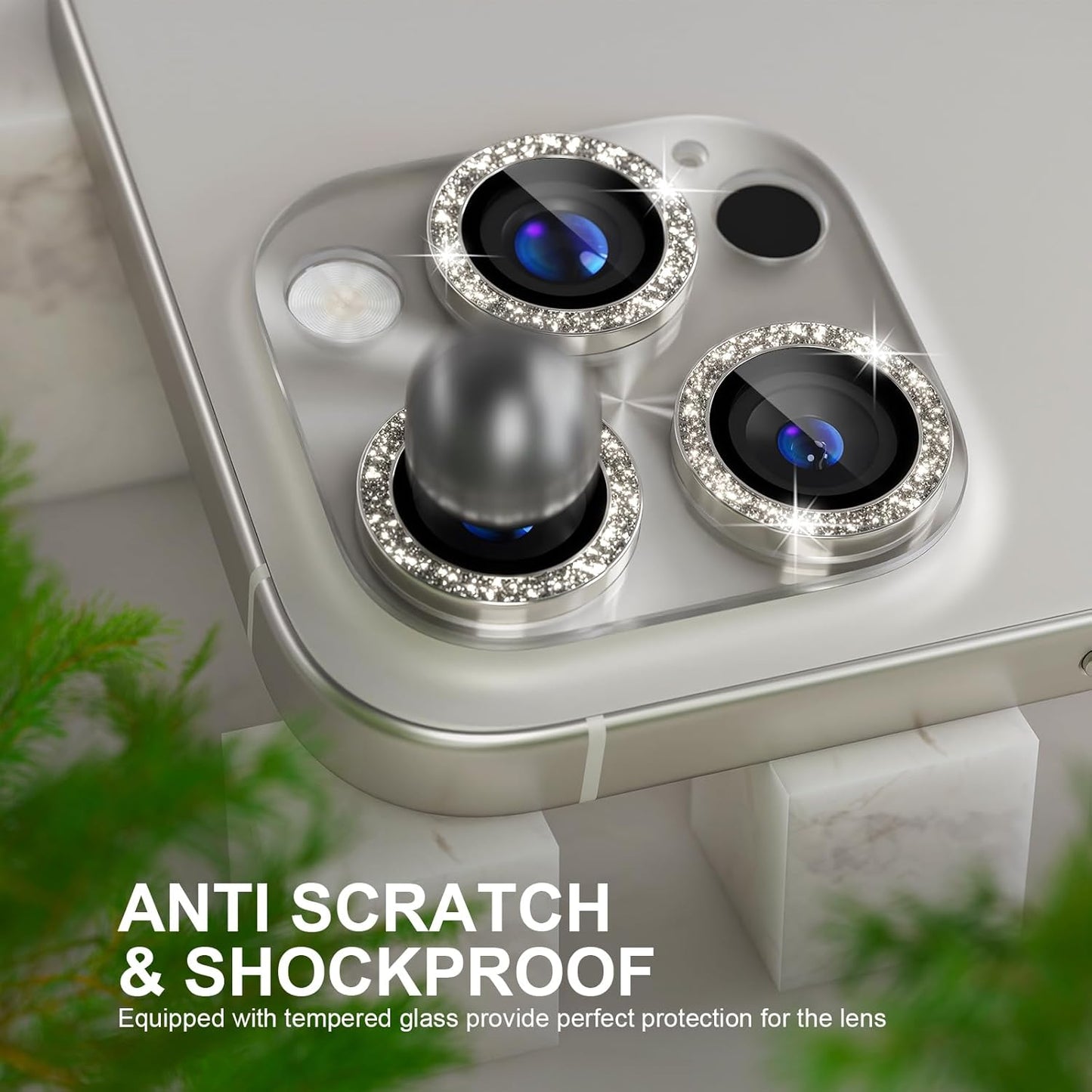 Choiche Compatible for iPhone 16 Pro/iPhone 16 Pro Max Camera Lens Protector, Bling Camera Cover with 9H Tempered Glass Lens Screen Protector Metal Ring Accessories (Clear-Titanium Natural)