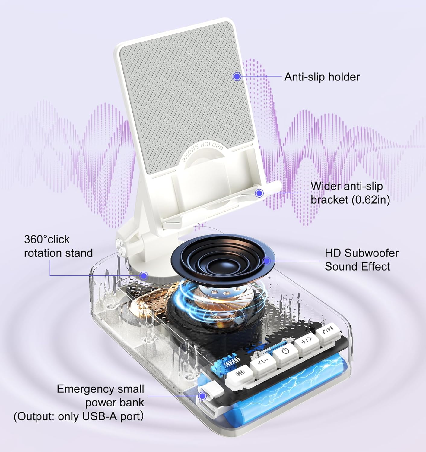 Gifts for Men Women, Bluetooth Speaker Phone Stand with Charging Function 360° Rotable Adjustable Cell Phone Holder HD Surround Sound for Desk Fits All Phones,Tablet (White)