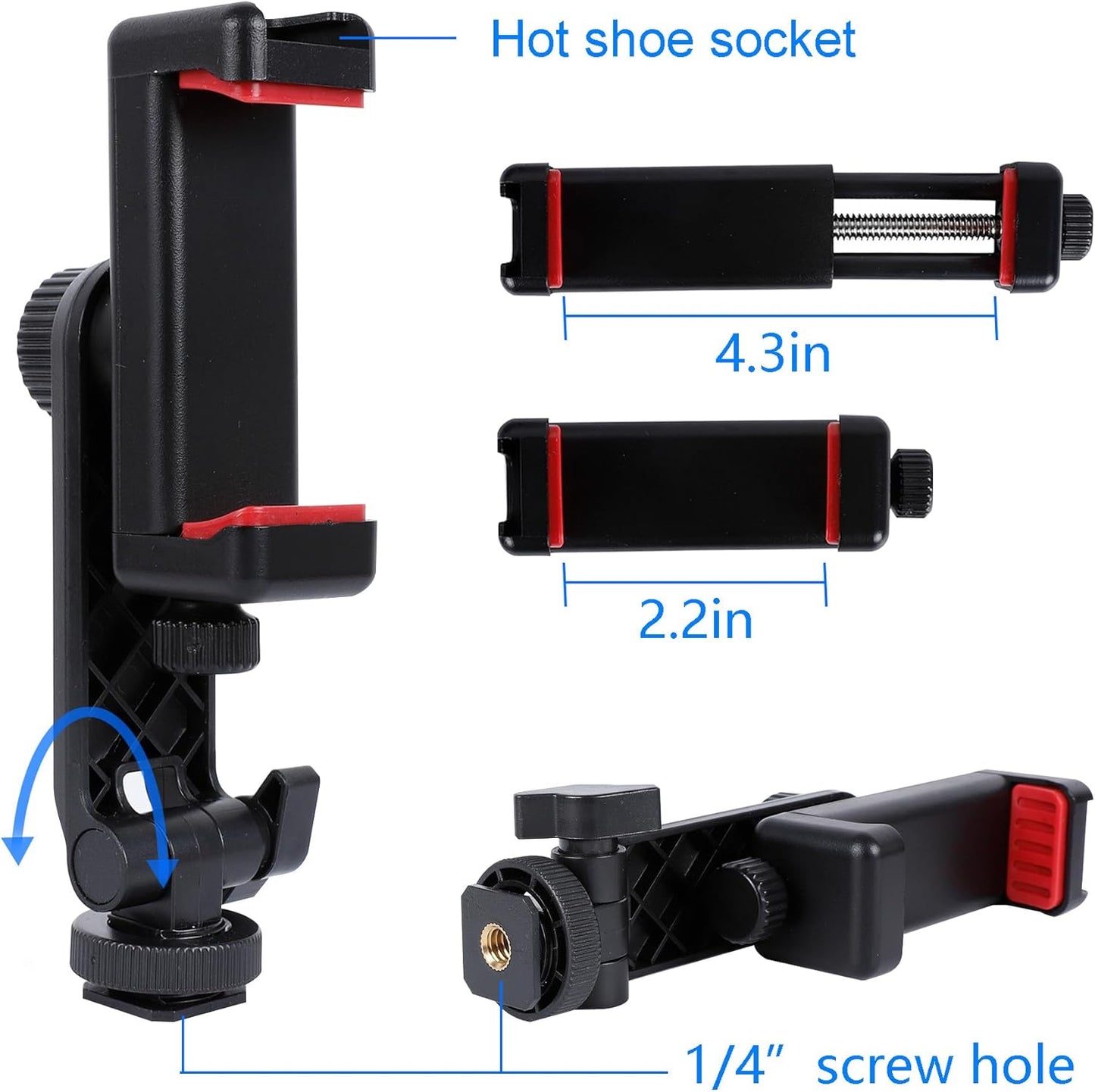 Phone Tripod Mount Adapter, with Cold Shoe&1/4" Hole for Tripod/Selfie Stick/Camera Stand, 360° Rotates Adjustable Phone Clip Clamp Holder for iPhone/Samsung/All