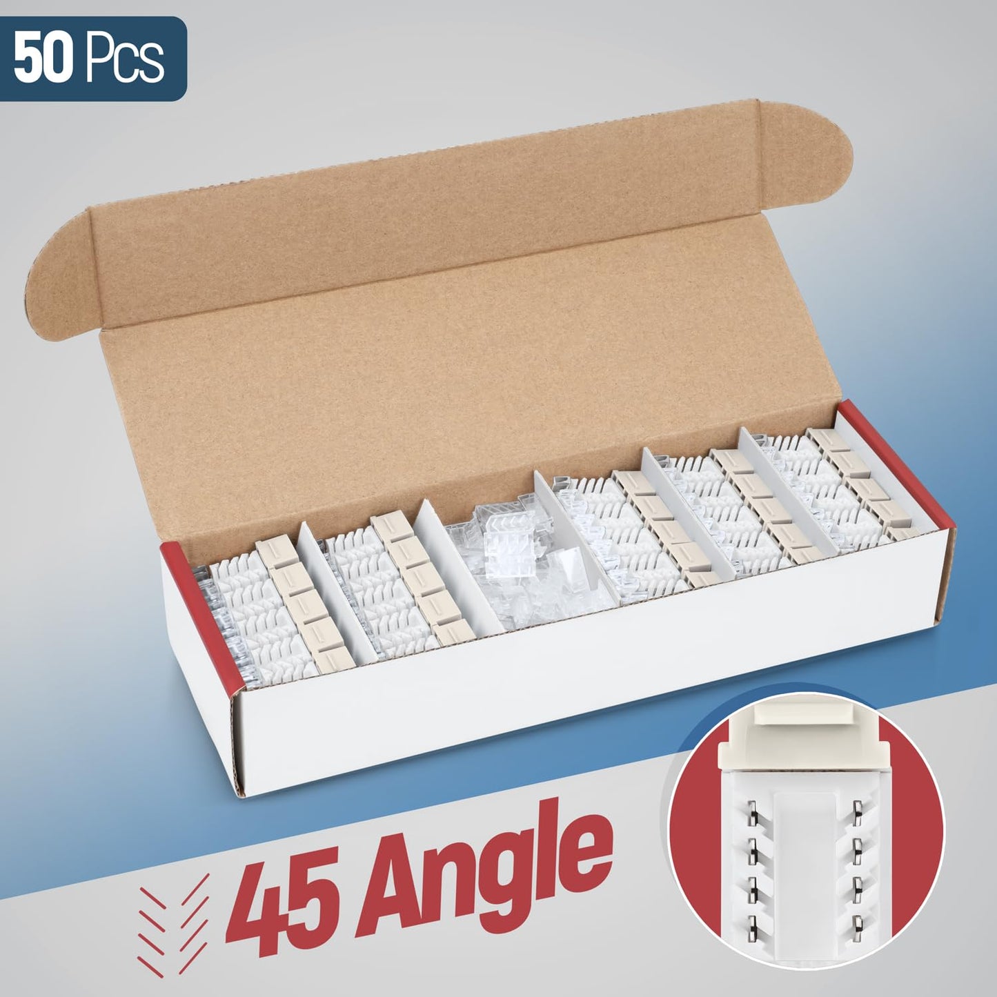 Everest 45° Angled RJ45 Cat6 Keystone Jacks 50-Pack in Light Almond - Slim Profile Female RJ45 Connectors - Cat 6 Keystone Jack - Compatible with 45° Angled Speed Termination Tool - 45Term