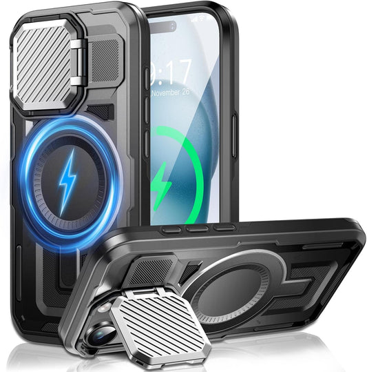 Camera Stand Case for iPhone 15, [Compatible with MagSafe] [Lens Cover] 2024 Version Military Grade Protective Soft Case for iPhone 15 6.1 inch Men Women, Black