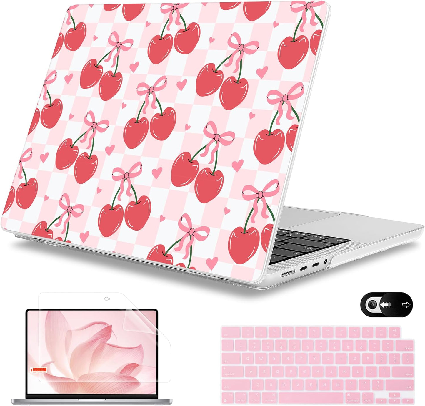Mektron Case for 2025 MacBook Pro 16" M4 A3403 A3186 M3 A2991 M2 A2780 M1 A2485 (2021/2023/2024) Pro/Max with Touch ID, Hard Shell Plastic Laptop Cover Keyboard Cover, Cherries Bows C353