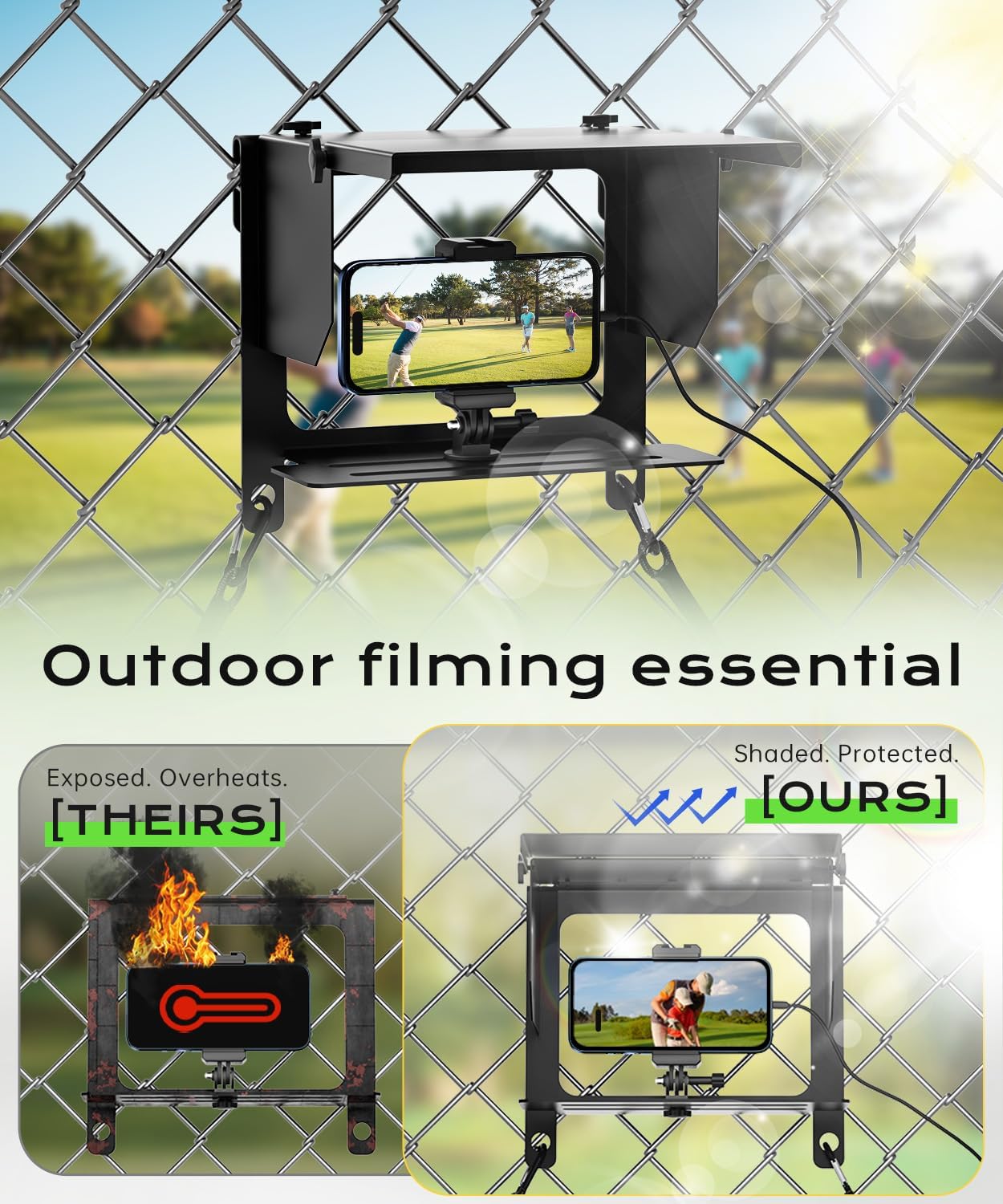 Cell Phone Fence Mount Shade - All-in-One Mounting Kit for iPhone, GoPro, Samsung, Mevo Start, Insta360 and Action Cameras, Ideal for Recording Baseball, Football, Tennis Games