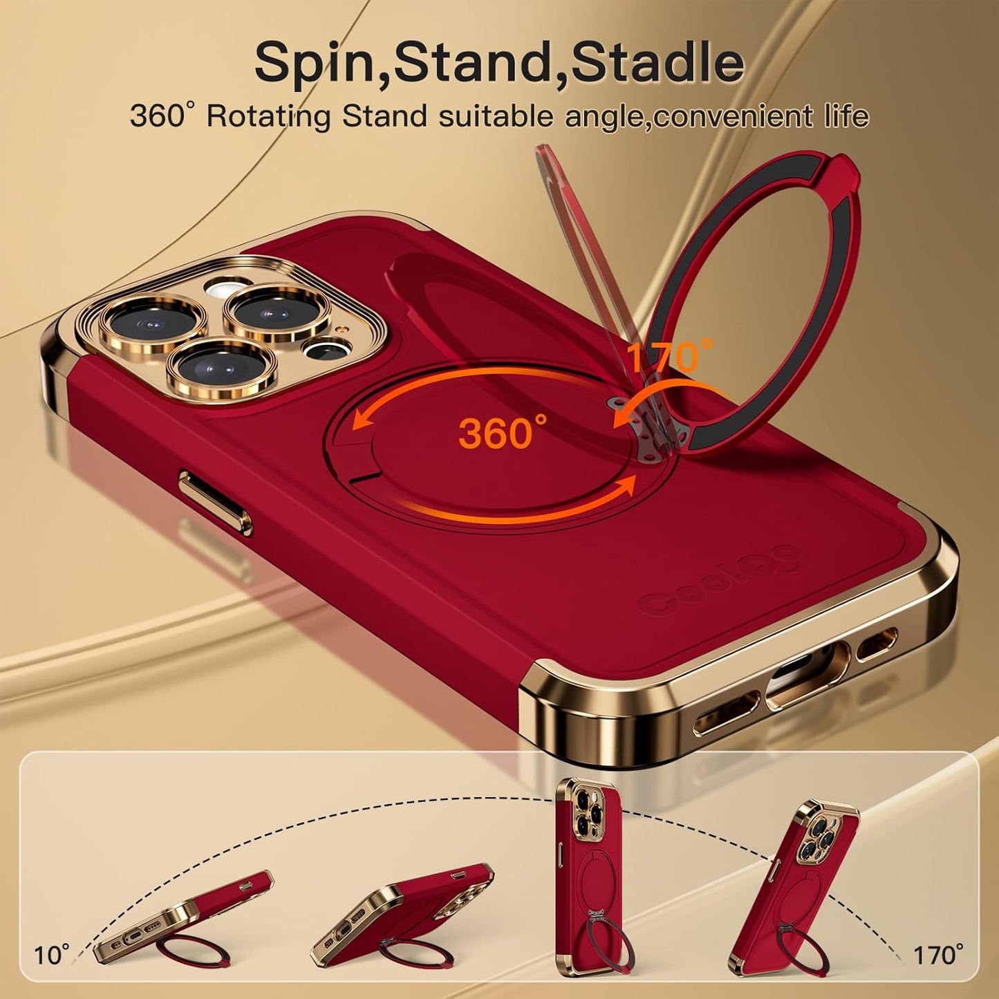 COOLQO for iPhone 14 Pro Max Case 6.7'' Upgraded 360° Spin Magnetic Stand [Compatible with Magsafe][Military Protection] Shockproof Protective Phone Holder Cover for iPhone 14 Pro Max, Red Gold