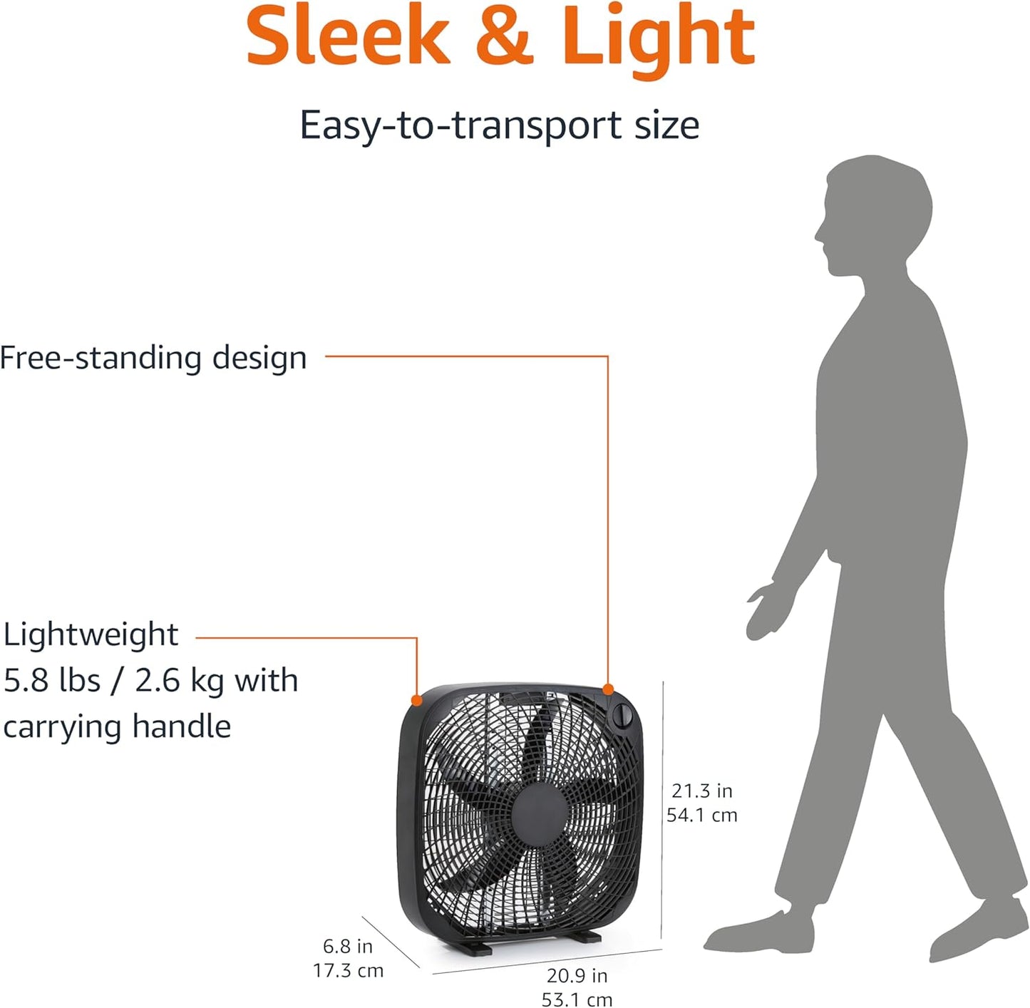 Amazon Basics 3 Speed Box Fan, Indoor Electric Fan for Home Cooling, 5 Blades, Lightweight Design, 67 Watts, 20-Inch, Black, 6.8"D x 20.86"W x 21.33"H