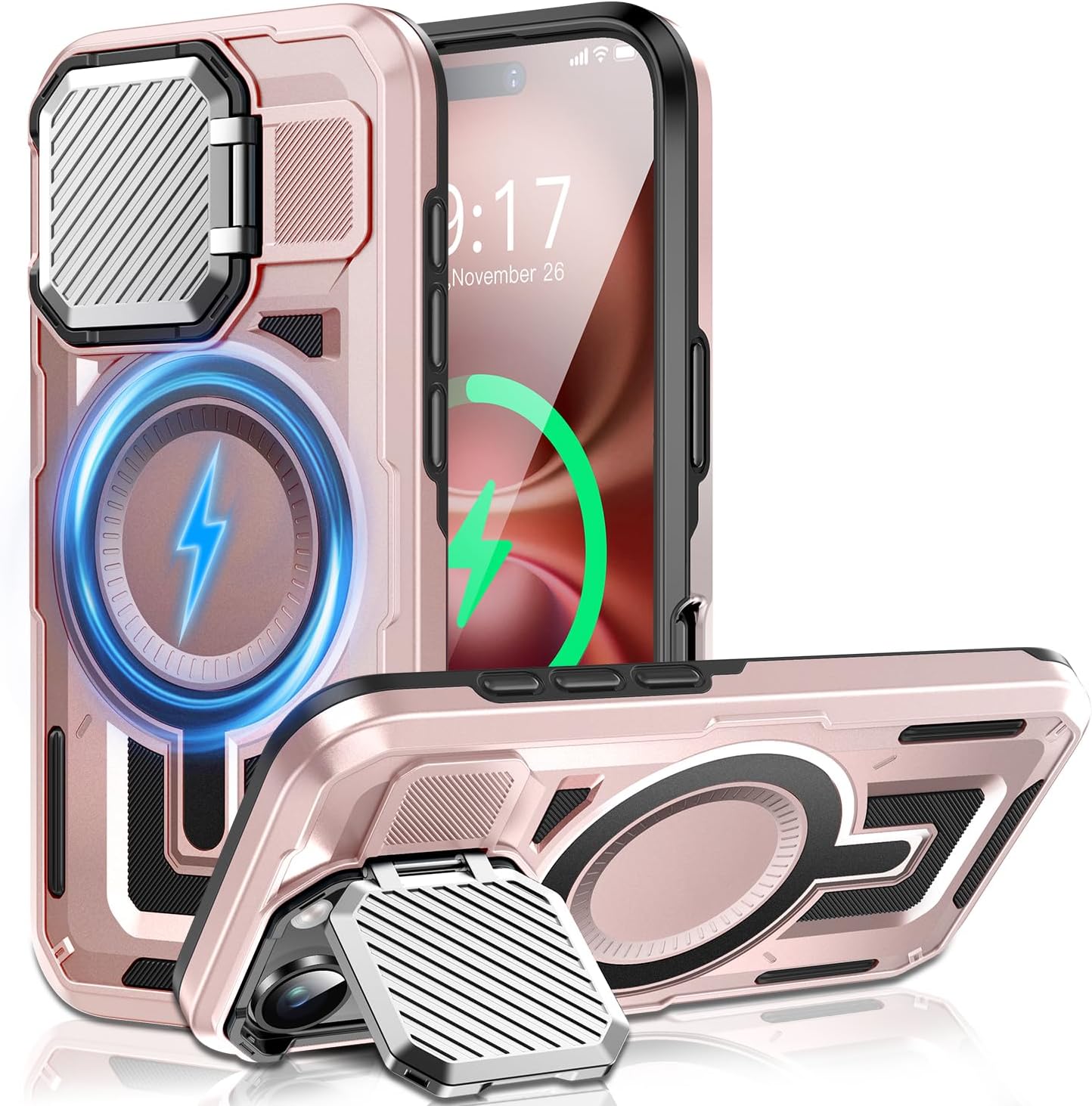 Camera Stand Case for iPhone 16, [Compatible with Mag Safe] [Lens Cover] 2024 Version Military Grade Protective Soft Case for iPhone 16 6.1 inch Men Women, Pink