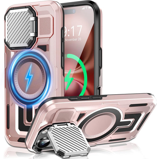 Camera Stand Case for iPhone 16, [Compatible with Mag Safe] [Lens Cover] 2024 Version Military Grade Protective Soft Case for iPhone 16 6.1 inch Men Women, Pink