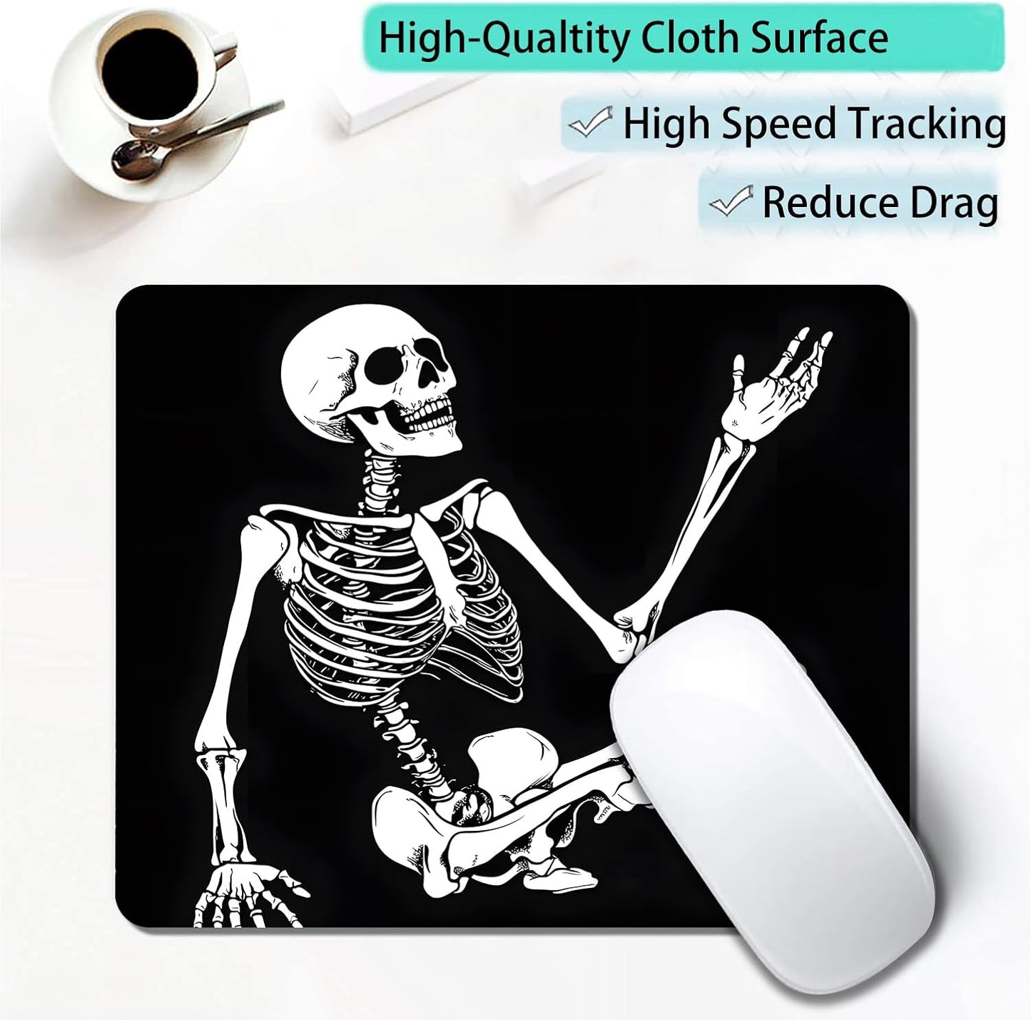 Cool Funny Skull Custom Mouse Pad with Non-Slip Rubber, Small Square Design for Wireless Laptop & Computer Mouse Pads for Desk, 9.5 x 7.9 inch Smooth Surface for Gaming & Office