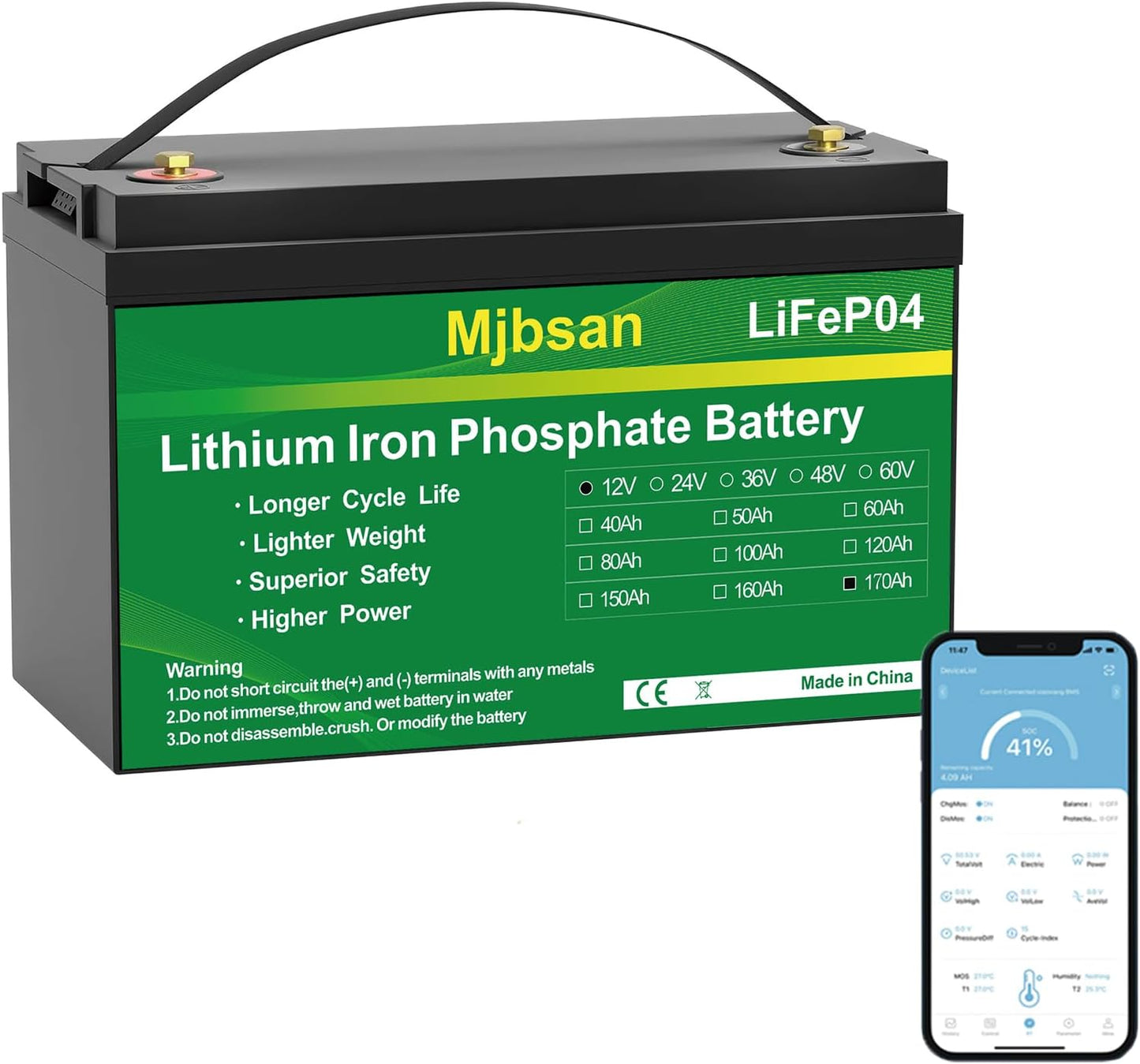 12V 170Ah LiFePO4 Battery, Built-in 150A BMS with Low-Temp Protection, Group 31 Deep Cycle Lithium Battery, Up to 15000 Cycles, Perfect for Trolling Motor, RV, Solar Power, Off-Grid, Marine