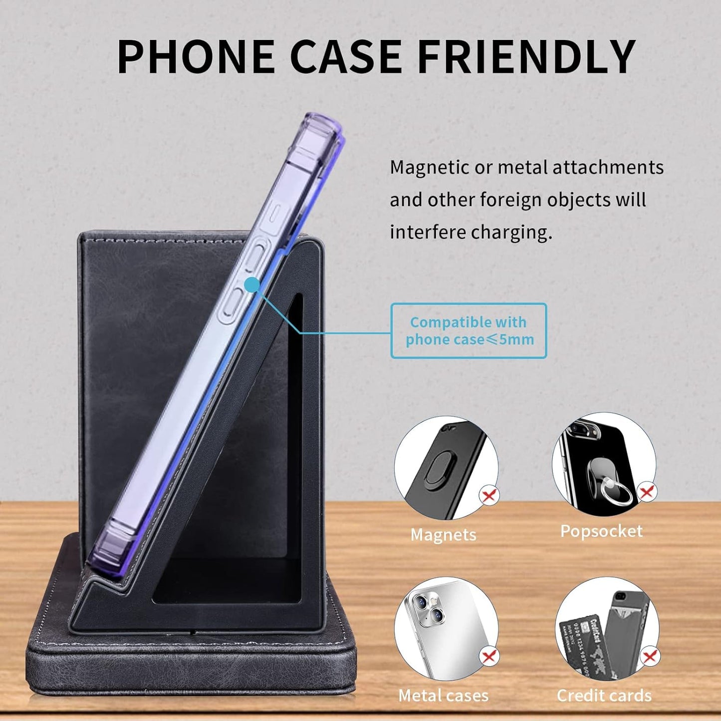 Wireless Charger with Desk Organizer, Wireless Charging Station for iPhone 13/13 Pro Max/13 Pro/12 Series/11/XS Max/XR/X/8Plus/SE 2, Wireless Charging Stand with Leather… (Gray)