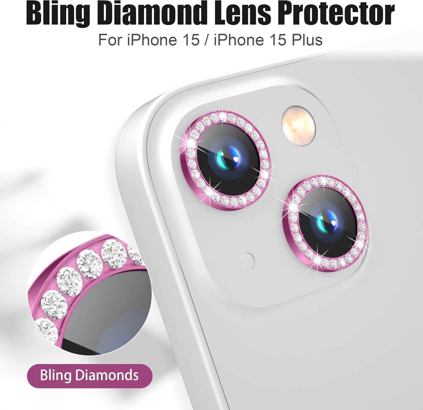 AGVEE 3+3 6 Pack for iPhone 15 6.1" / 15 Plus 6.7" Camera Lens Cover Protector, Bling Diamond & Bling Glitter Metal Ring 9H Tempered HD Glass Camera Cover Protector Film, Bling-Rose