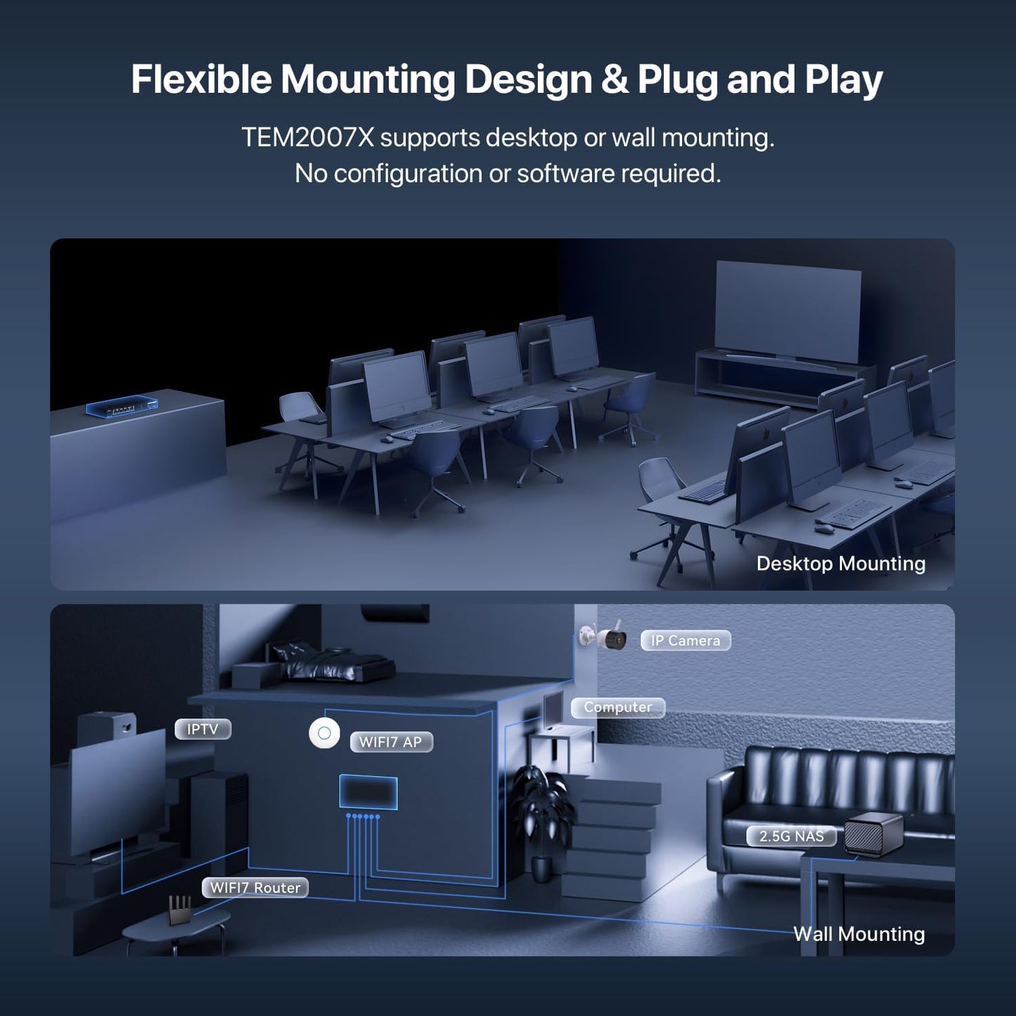 Tenda TEM2007X, 5 Port 2.5G Ethernet Switch, Unmanaged 2.5Gb Switch with 5 x 2.5G Ports & 2 x 10Gb SFP+ Slots, 50Gbps Switching Capacity, Plug & Play, Desktop/ Wall-Mount, Fanless Metal Design
