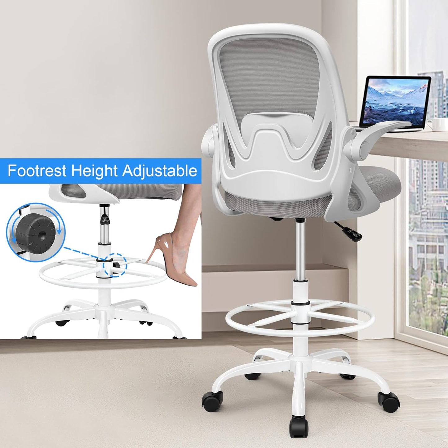 Drafting Chair Tall Office Chair with Flip-up Armrests, Adjustable Height, and Enhanced Lumbar Support - Ergonomic Rolling Stool, Back Support, and Adjustable Foot Rest Ring for Standing Desk Gray