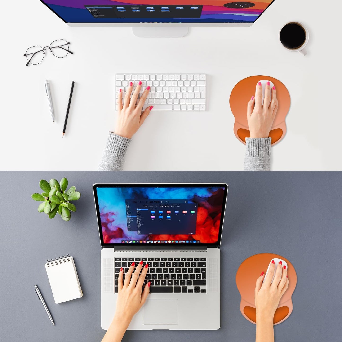 ITNRSIIET Ergonomic Mouse Pad with Comfort Gel Wrist Rest, Non-Slip PU Base, Smooth Textured Surface, Reduces Hand Fatigue & Wrist Pain, 8.7 x 7.2 Inch for Office Gaming Home, Peach Gradient