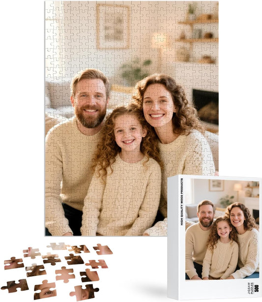 Custom Puzzles from Photos, Personalized Natural Wood Puzzle with 120/200/300/500/1000 Pieces, Customized Jigsaw Create Timeless Memories for Adults, Family, Father's Day, Lover, Pet