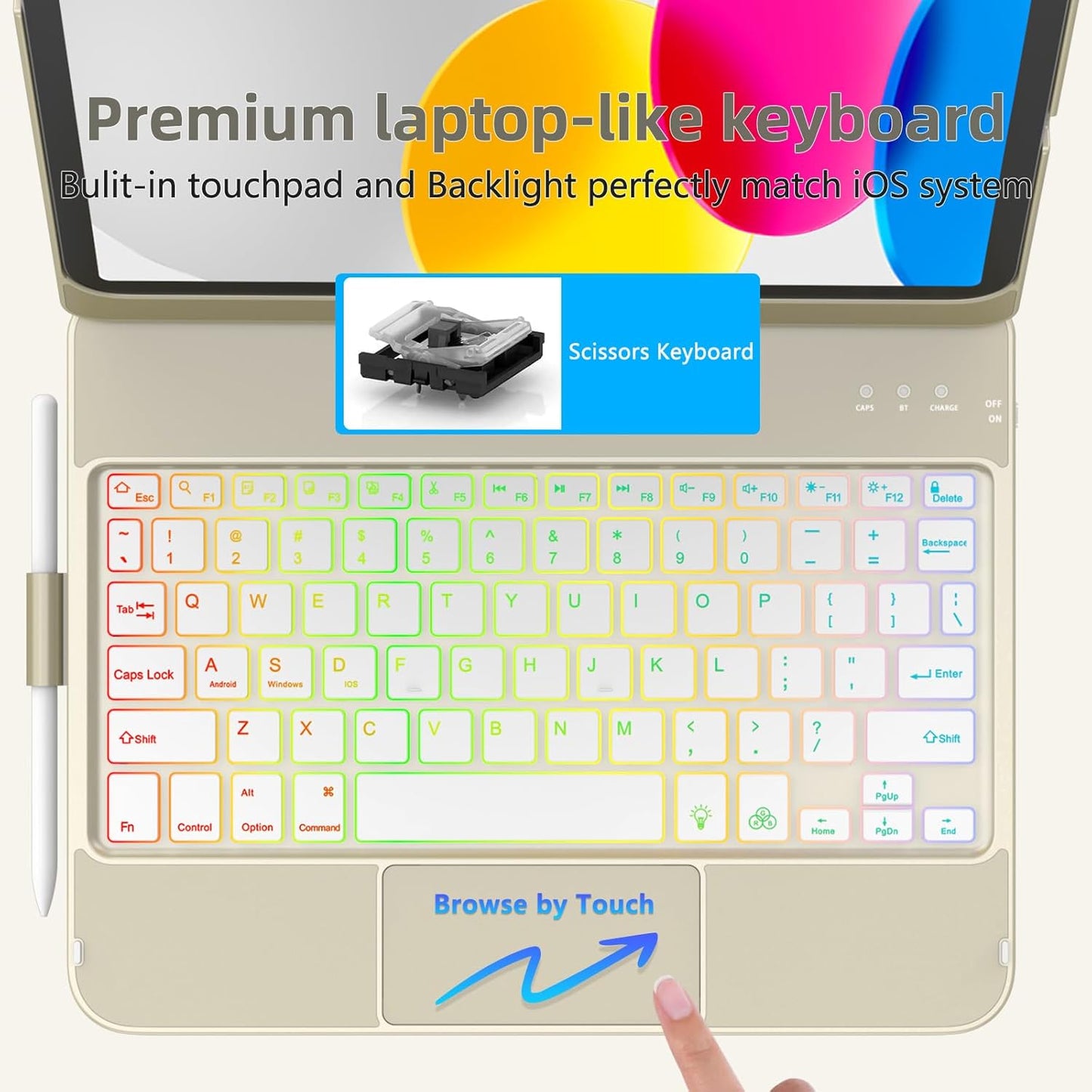 for iPad A16 11th Generation/10th Generation Case with Keyboard,Touch Keyboard for iPad 11" /10th Gen 10.9 inch 2022-10 Color Backlight, 360° Rotatable Protective Cover (Rock Grey)