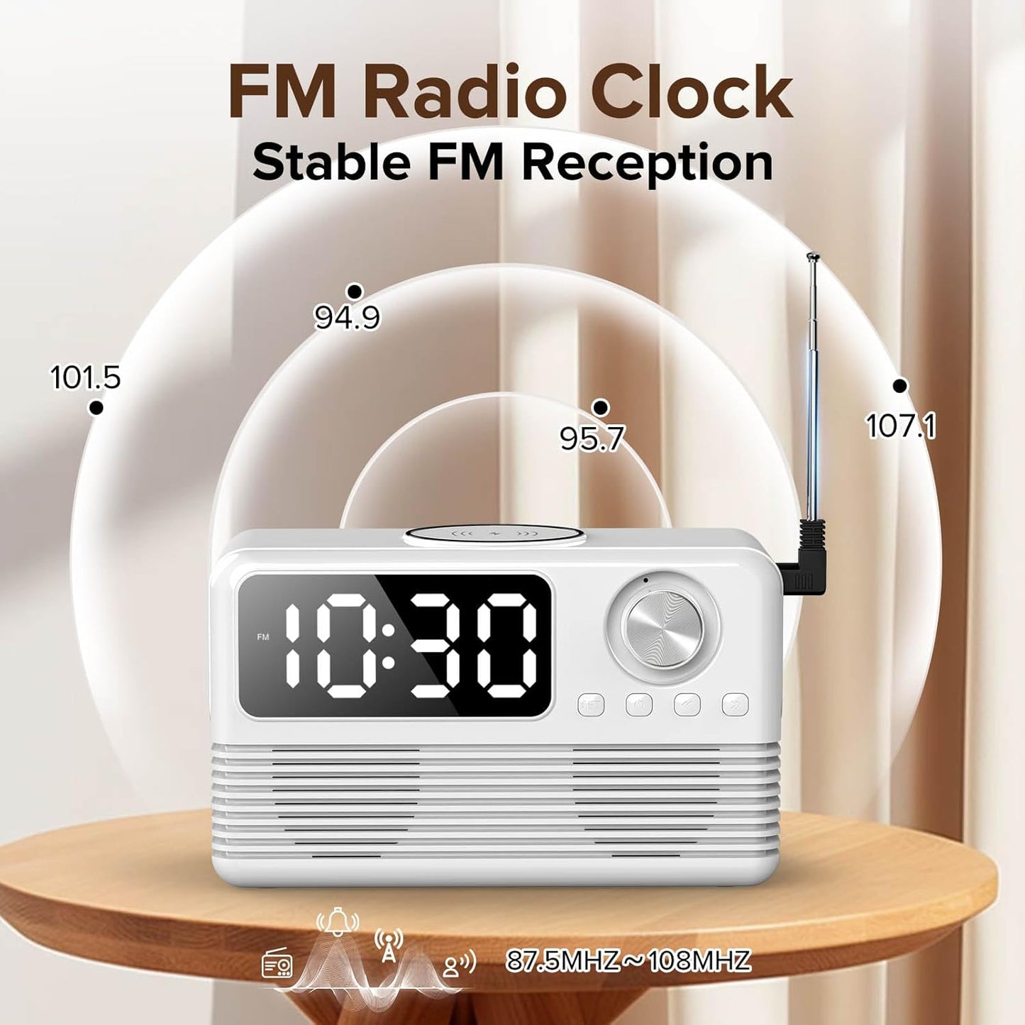 15W Fast Wireless Charger with Bluetooth Speaker and Alarm Clock Radio,4 in1 Wireless Charging Station for iPhone,Android Phones with FM Radio for Bedroom