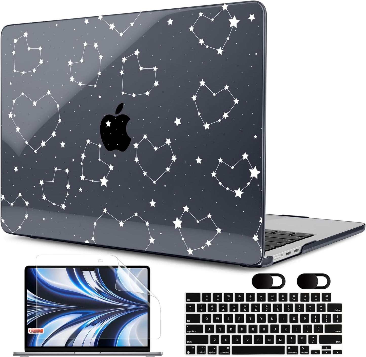 MEEgoodo Case for MacBook Air M4/M3/M2 13.6 inch 2025 2024 2022, Fit Model A3240 A3113 A2681, Compatible with MacBook Air 13 inch, Laptop Hard Shell Case with Keyboard Cover, Constellations & Hearts