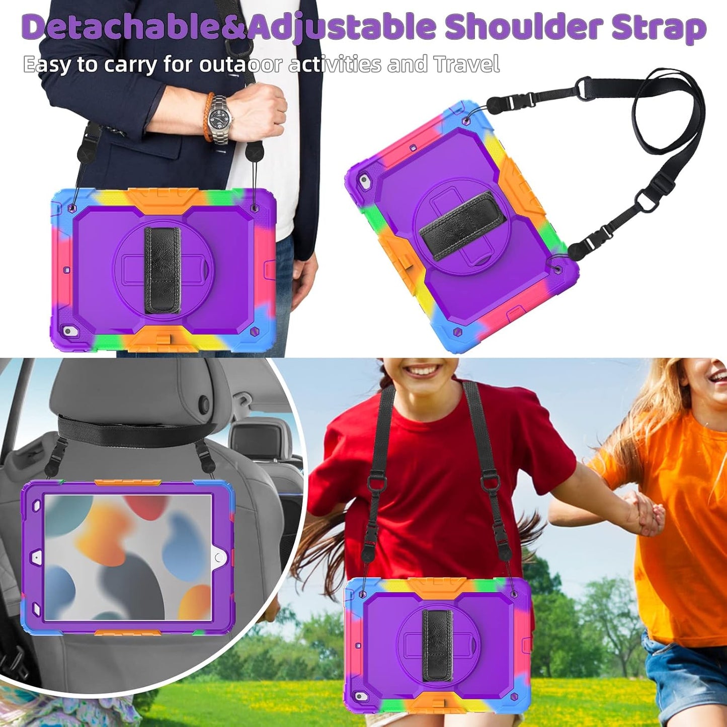 BLOSOMEET Case for iPad 9th/8th Generation 2021/2020 10.2 Inch with Tempered Glass Screen Protector |Rugged Shockproof iPad 7th Gen Kids Cover 2019 w/Stand Pencil Holder & Hand Shoulder Strap|Purple