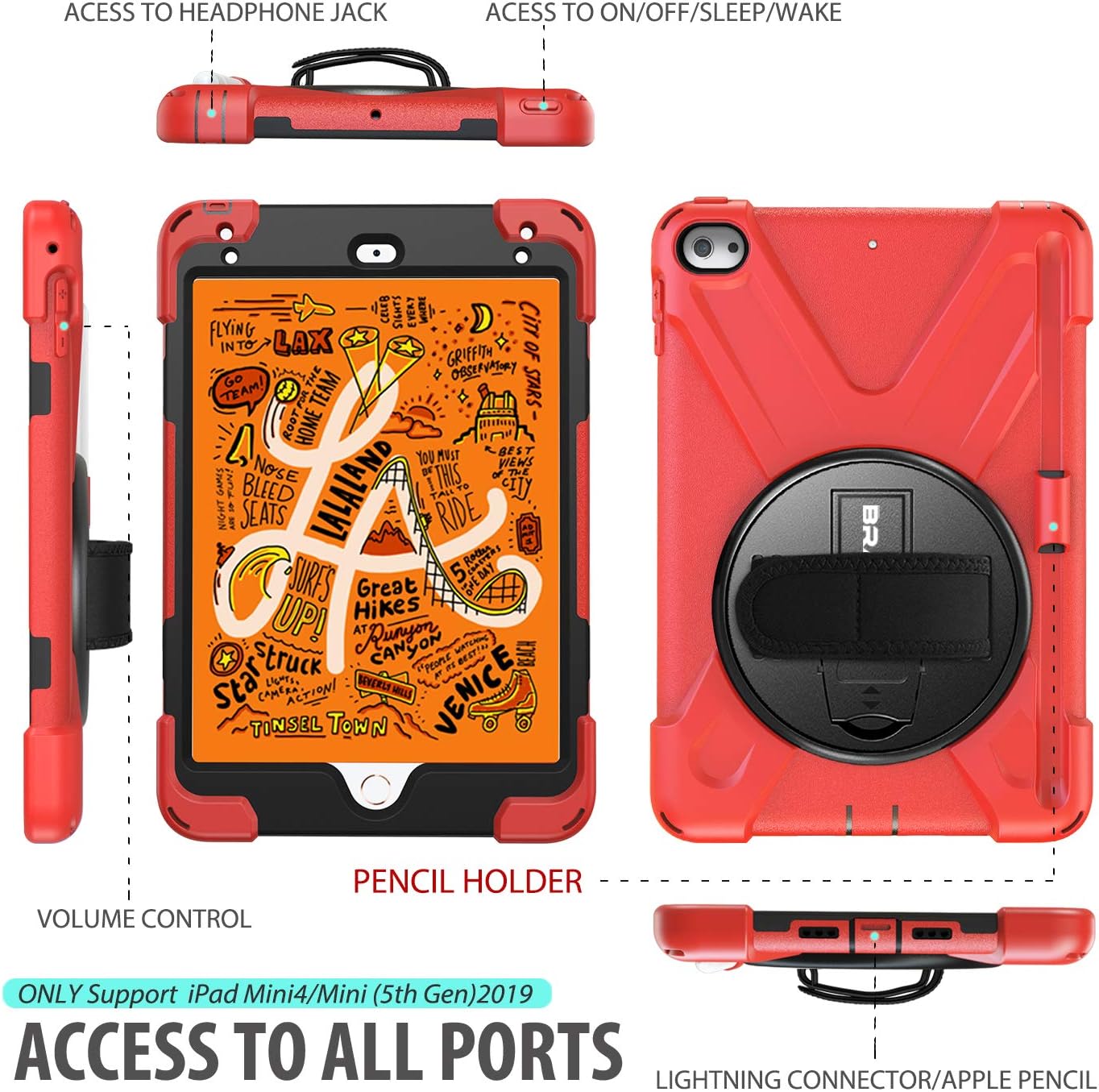BRAECN iPad mini 5 Case,iPad mini 4 Case, Heavy Duty Shockproof Protective Rugged Case with Pencil Holder,Hand Strap,Kickstand, Shoulder Strap for iPad mini 5th/4th Generation 7.9 Inch for Kids