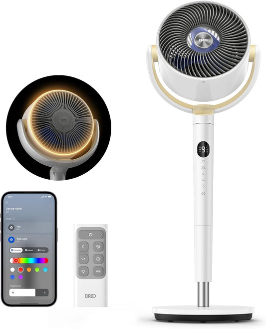 Dreo Smart Fan for Bedroom, 120° +120° Omni-Directional Oscillating Fans, 90ft Quiet Pedestal Fan with RGB Light, 9 Speeds, 6 Modes, 20dB, 8H Timer, Wi-Fi/Voice/Alexa, 37-42" Floor Fans with Remote