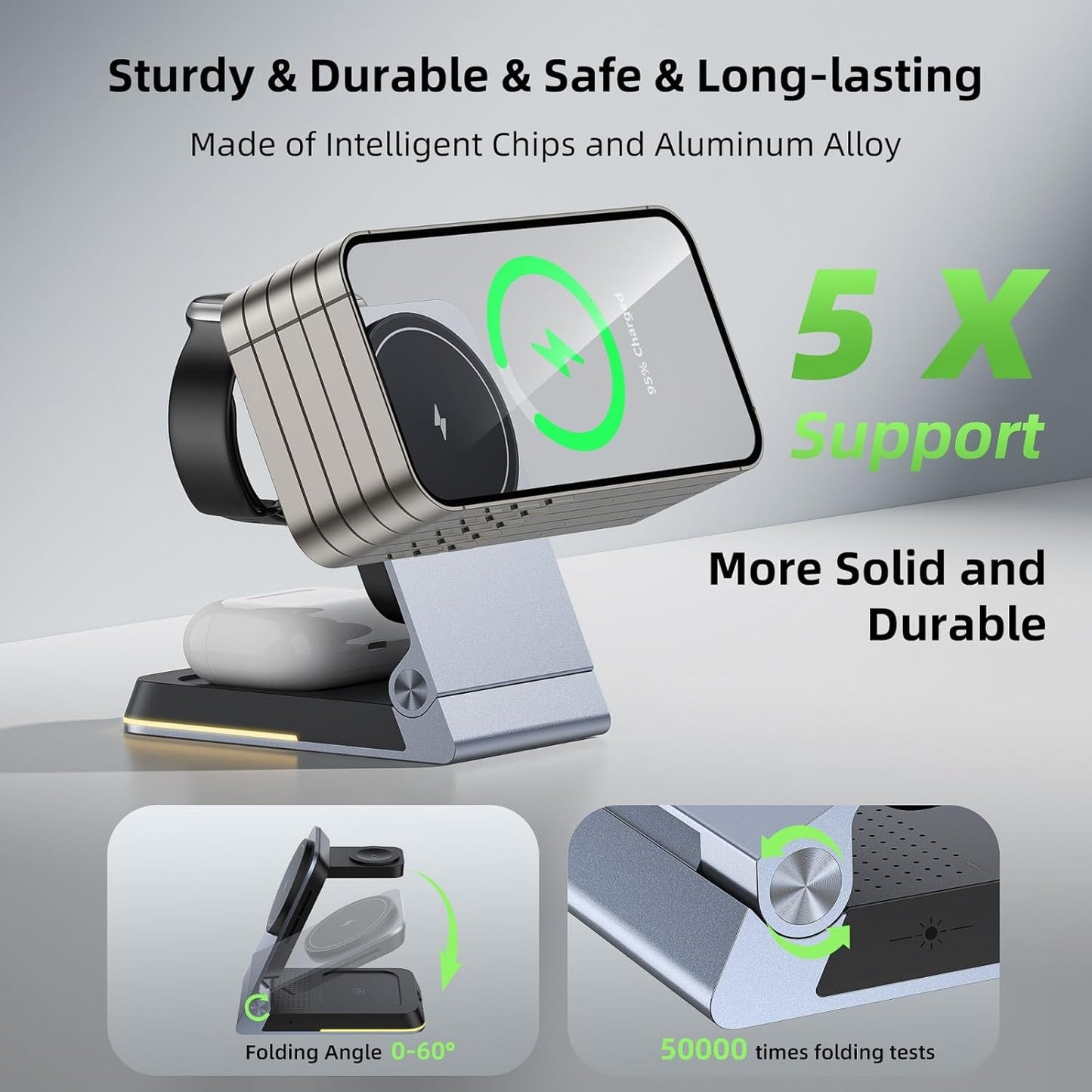 Aluminum 3 in 1 Wireless Charging Station,Foldable Wireless Charger for Apple Magsafe with Light,Portable Travel Magnetic Charger Stand for iPhone 16/15/14,Watch,Airpod, Include PD 20W Adapter & Case